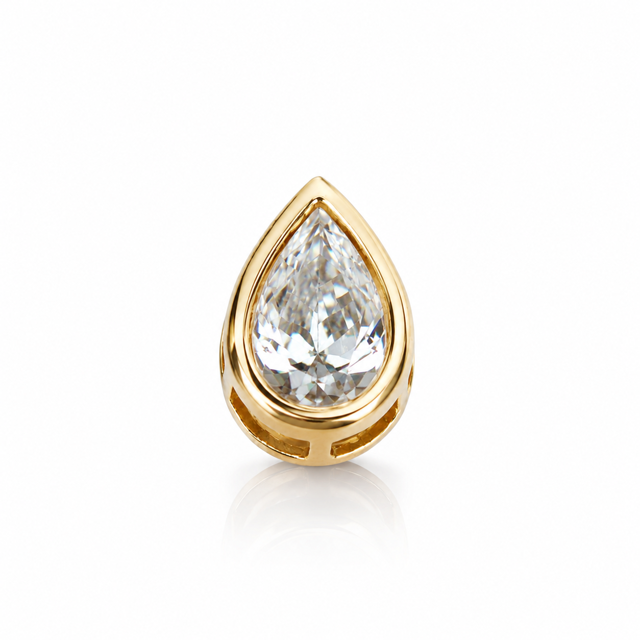 Yellow Gold Bezel pear pendant on a white background