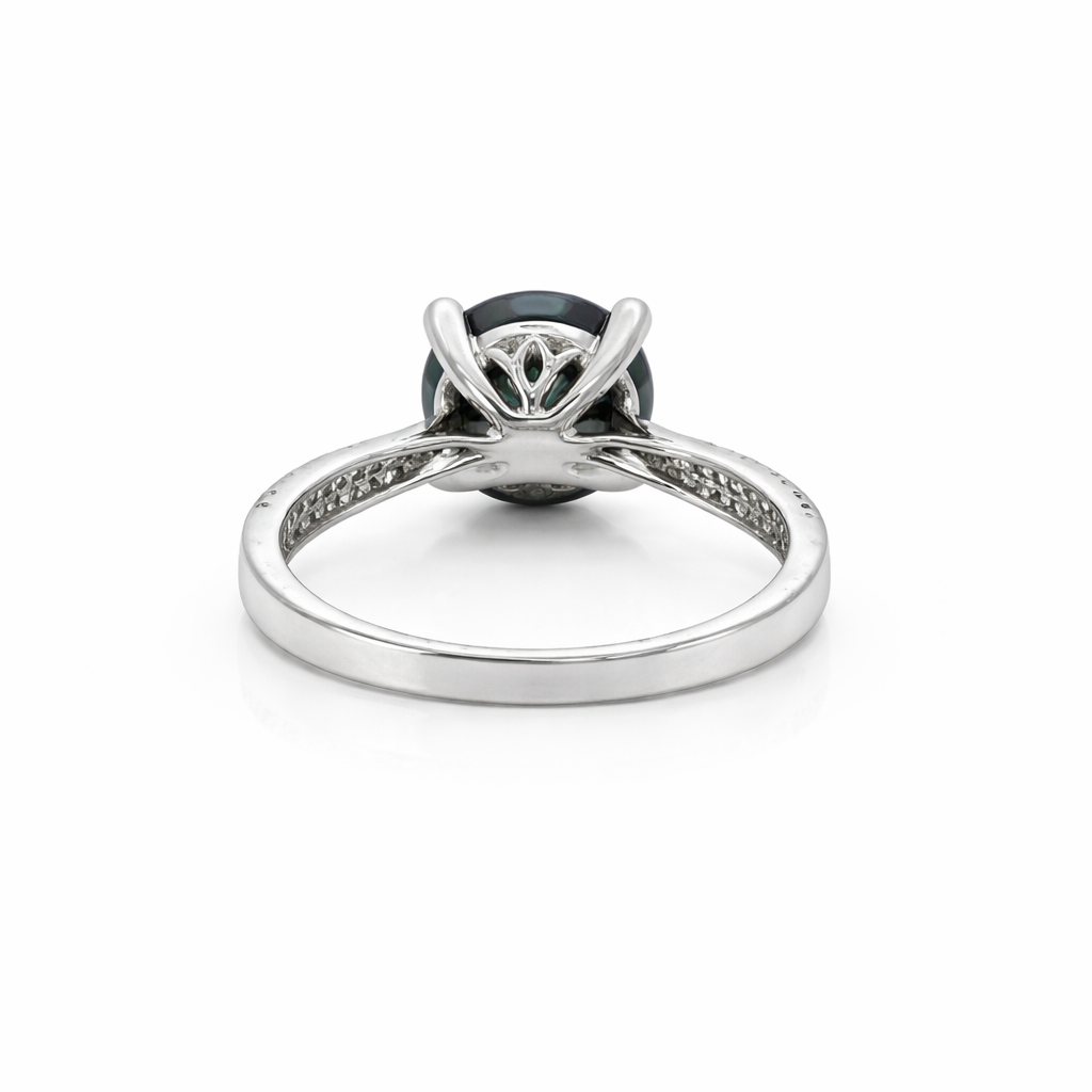 Estate Collection: 10K White Gold Round 4CT. Black Diamond and 0.3CTW. White Diamond Accented Solitaire Ring