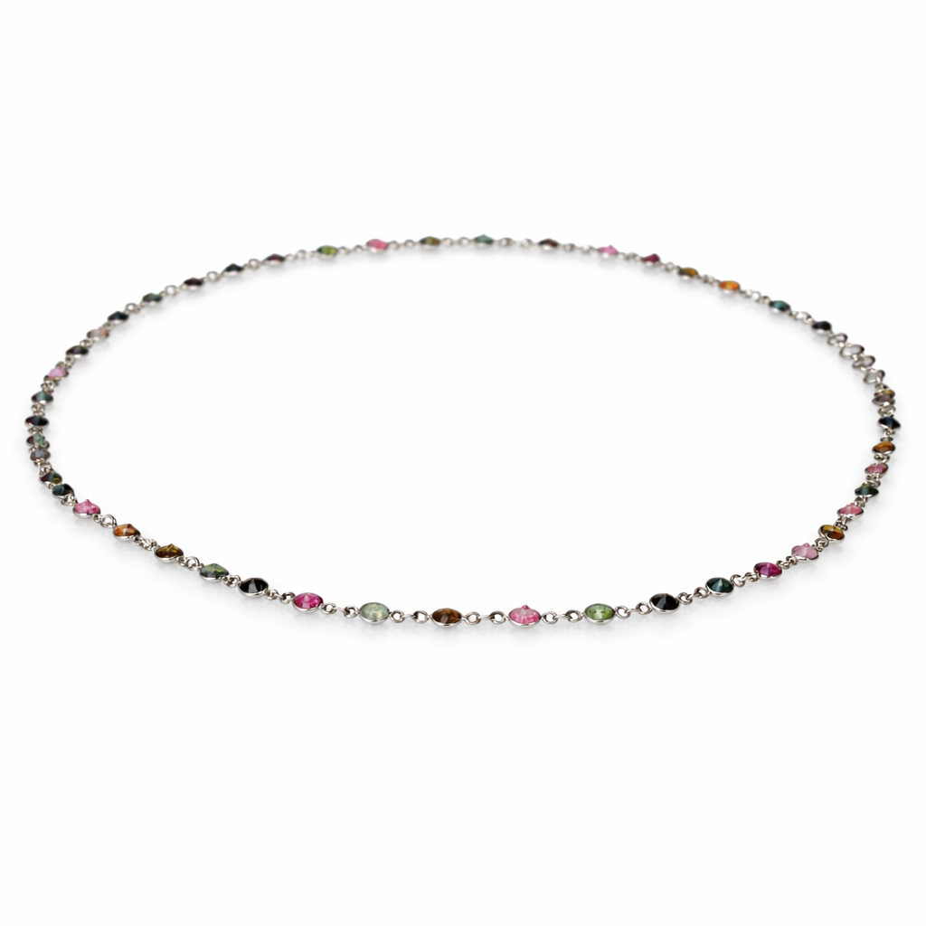 Necklace with multicolored beads on a white background