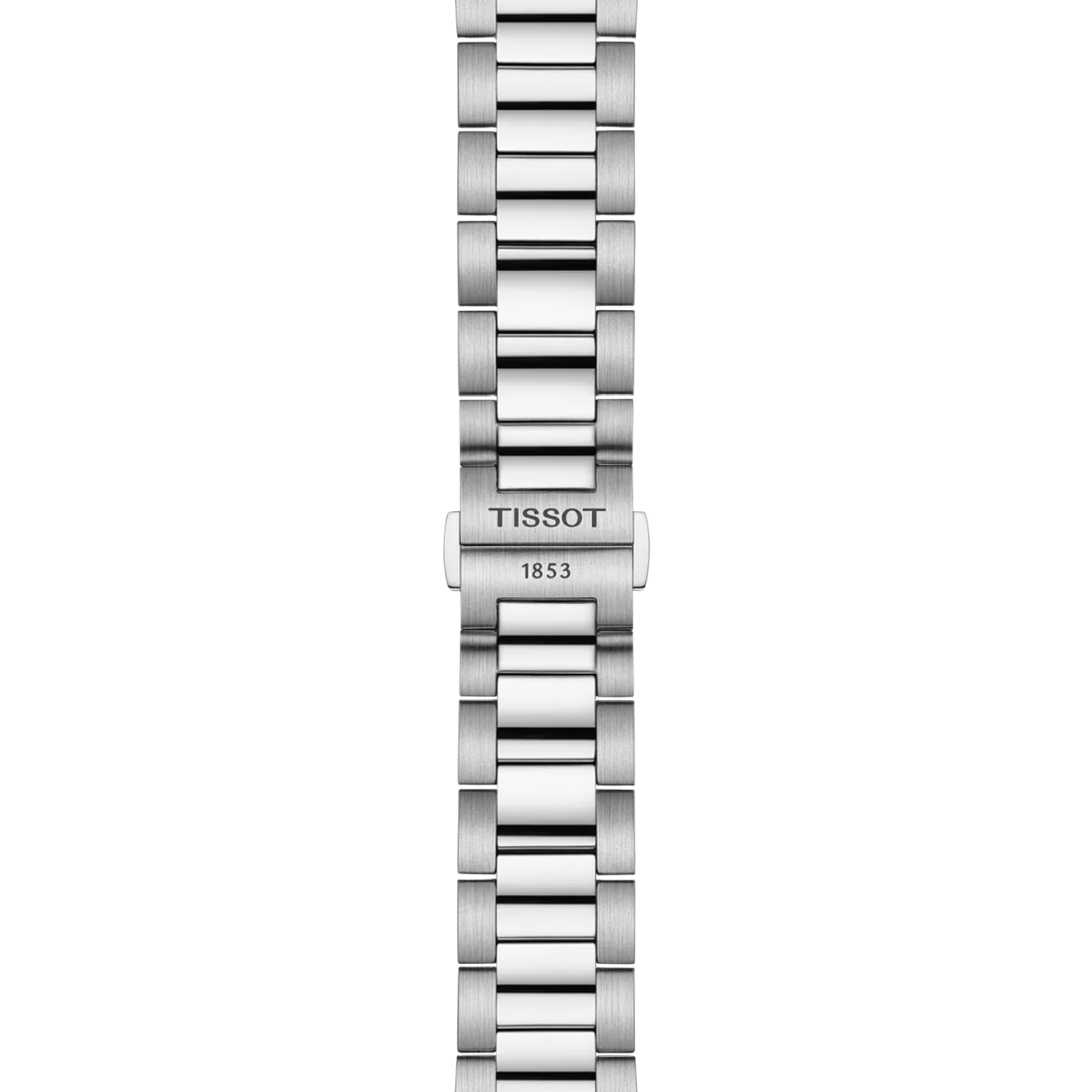 Silver watch bracelet with Tissot logo on a white background