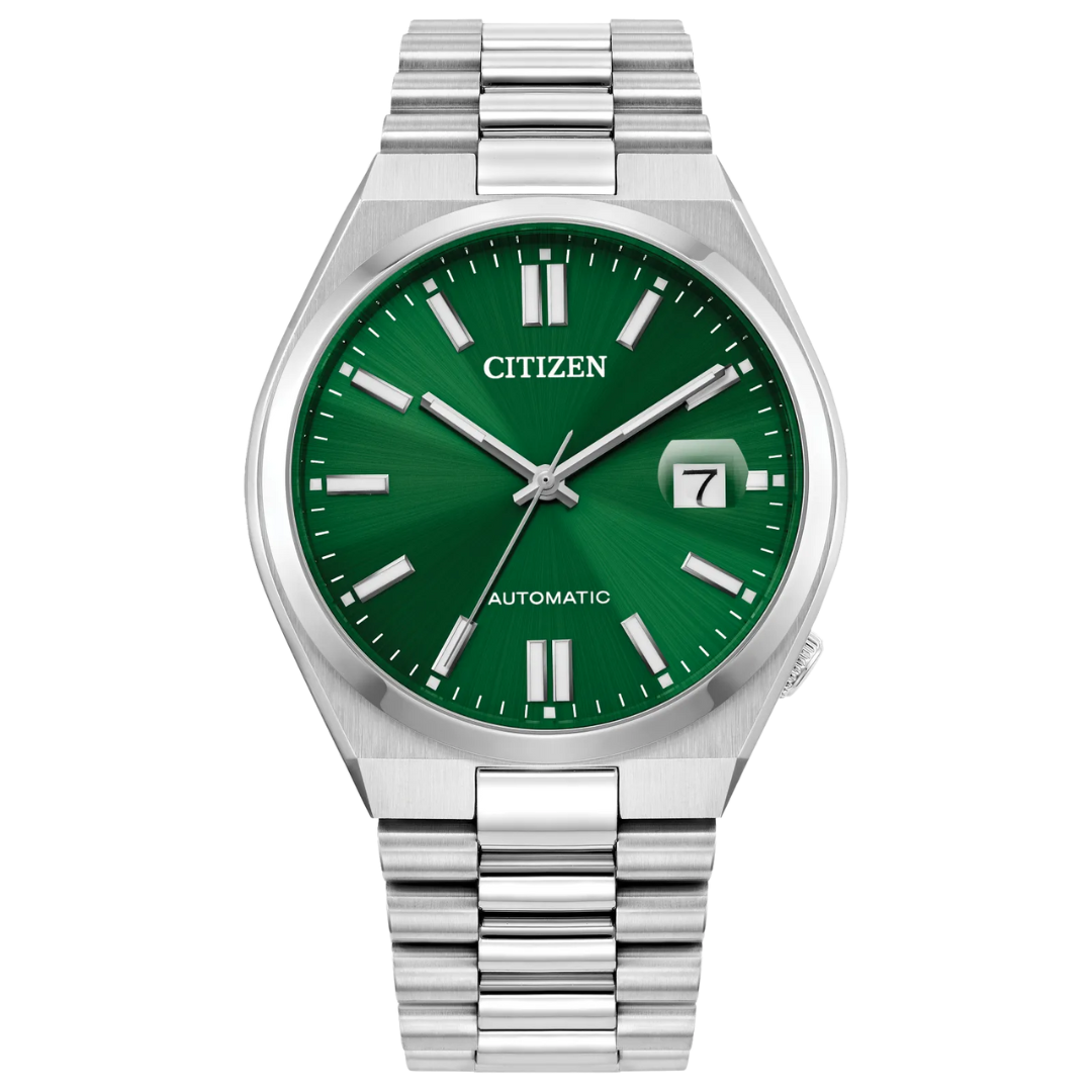 Front view of Citizen Men's Green “TSUYOSA” Watch on transparent background.