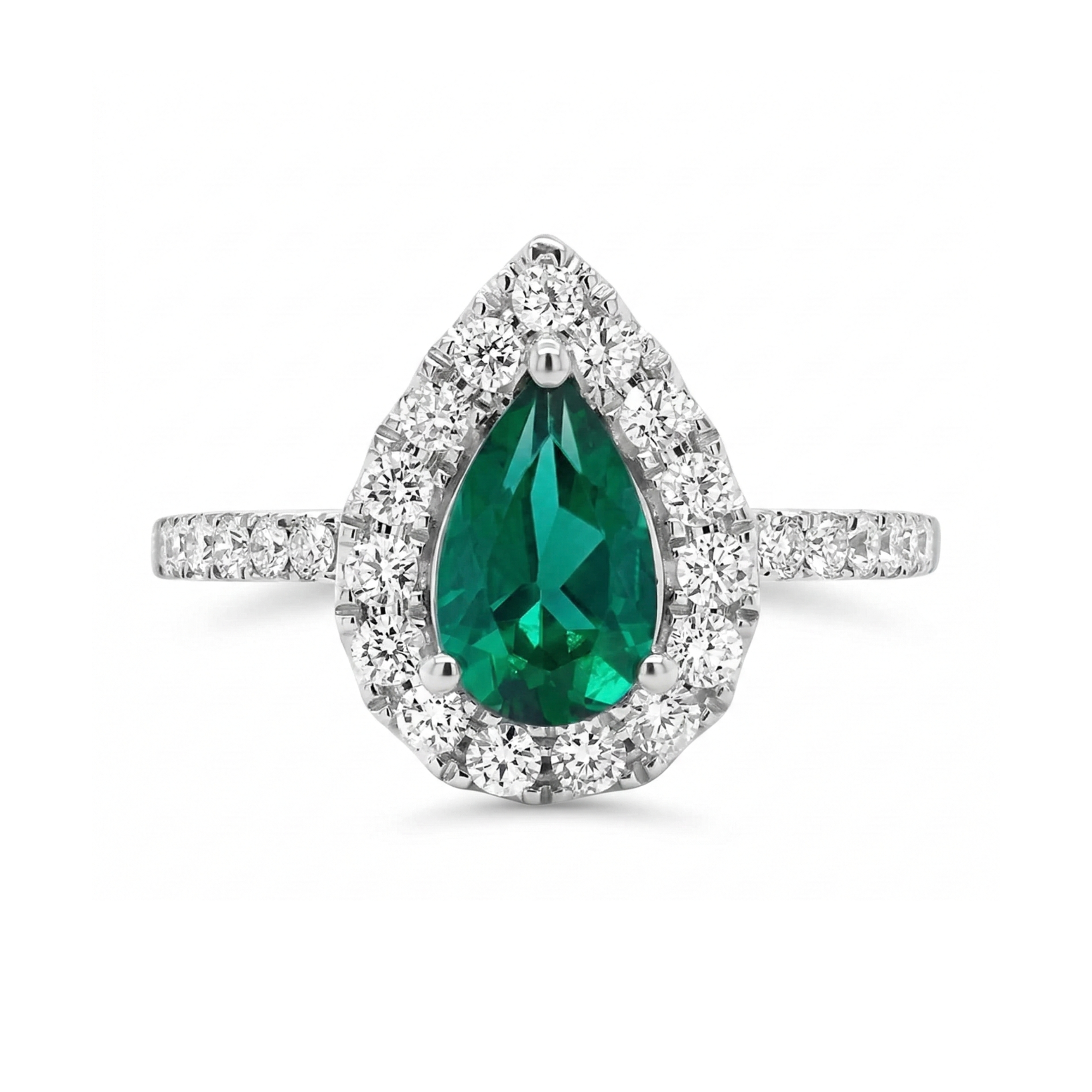 14K White Gold Pear-Cut Lab-Grown Emerald and 0.51CTW. Lab-Grown Diamond Halo Ring