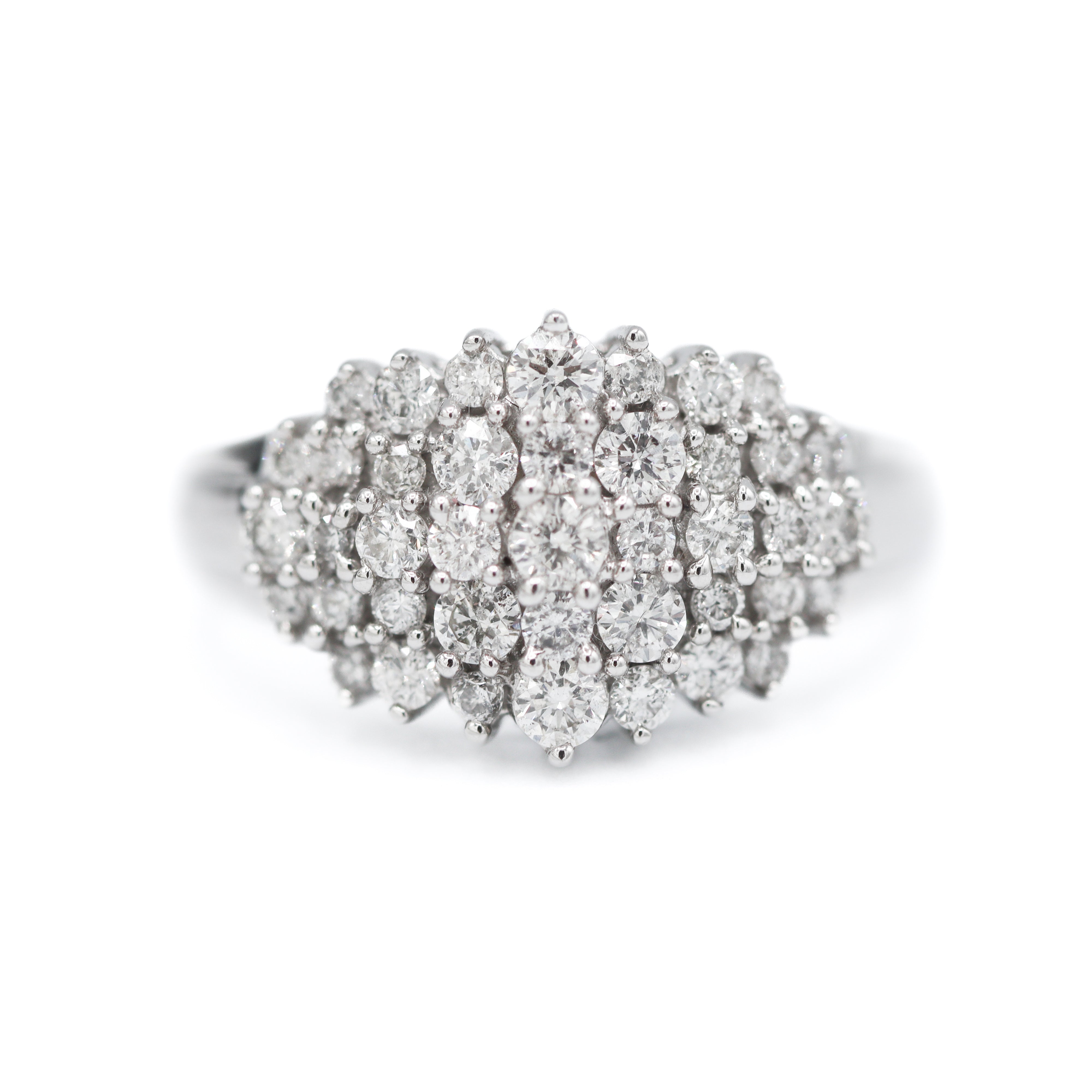 Front View of 10K White Gold 1CTW. Diamond Cluster Cocktail Ring on a white background