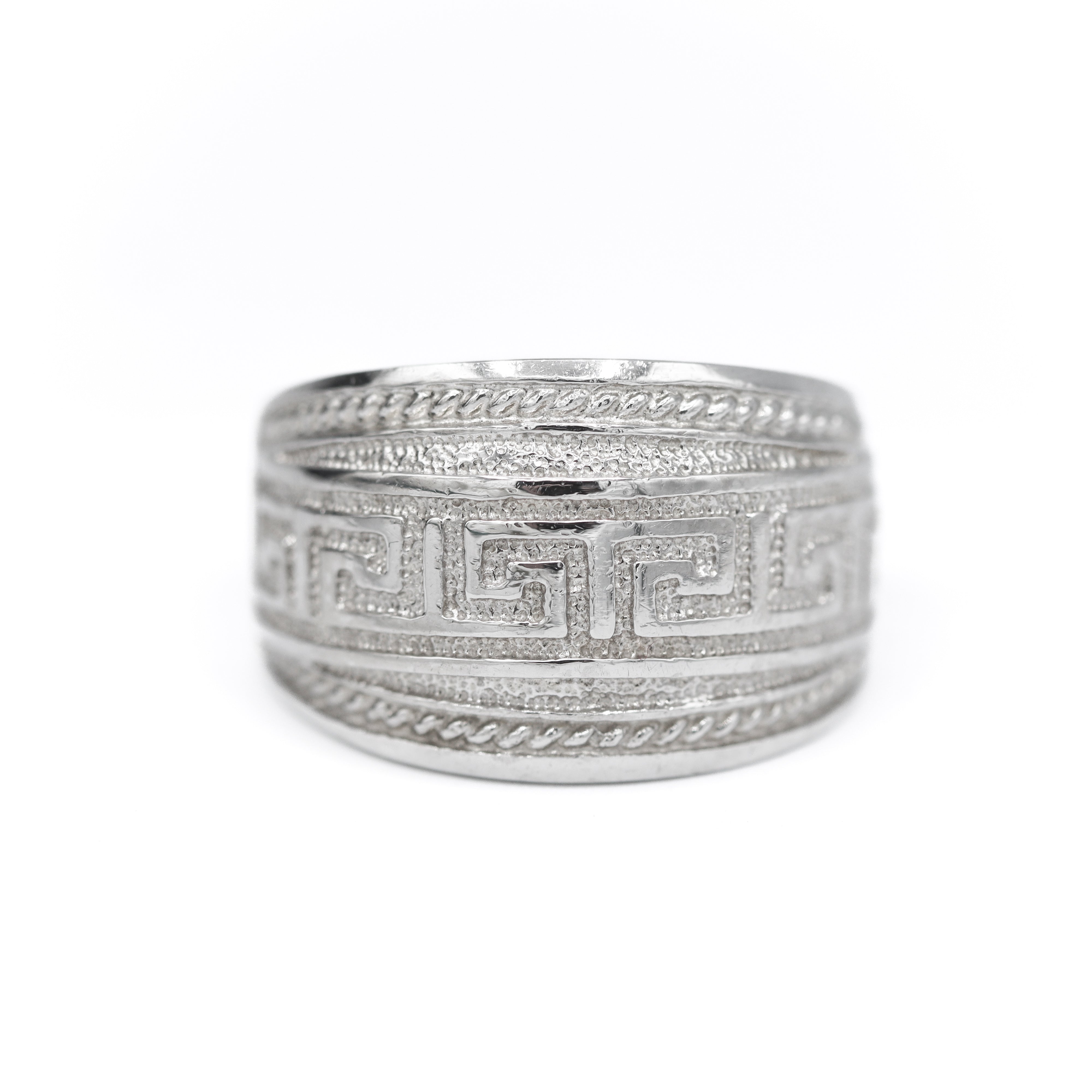 Front View of 14K White Gold Greek Spiral Design Tapered Accent Ring