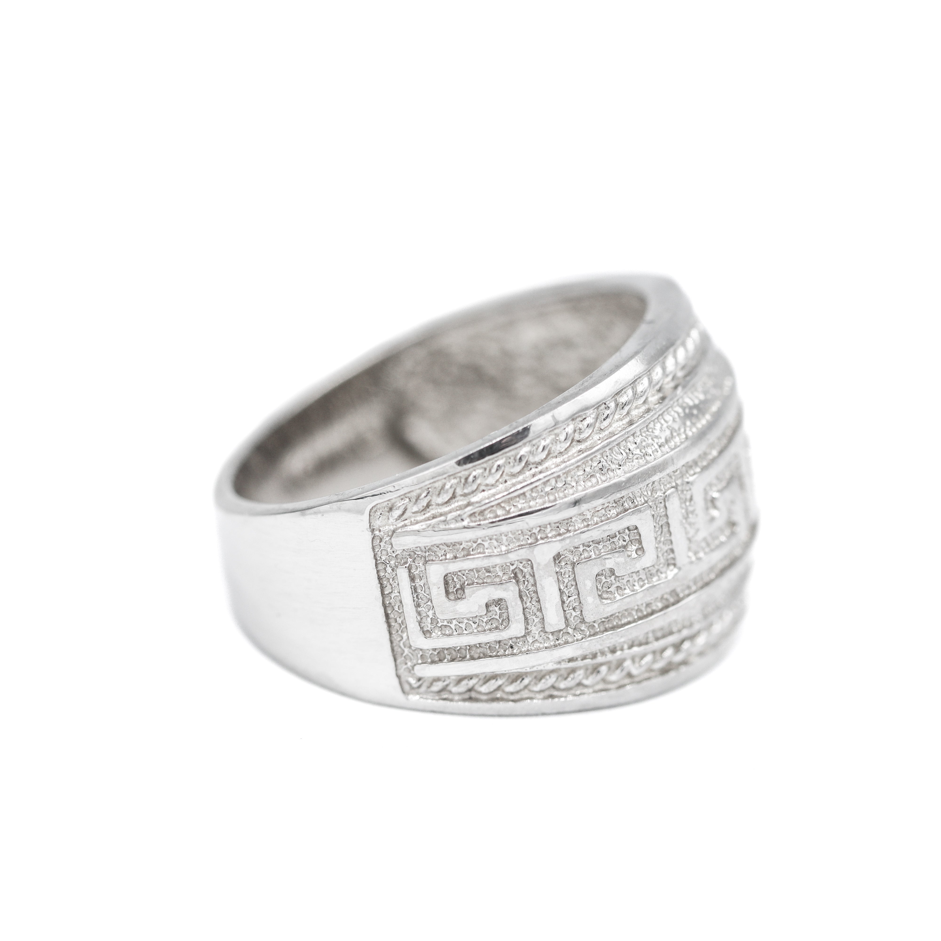 Side View of 14K White Gold Greek Spiral Design Tapered Accent Ring