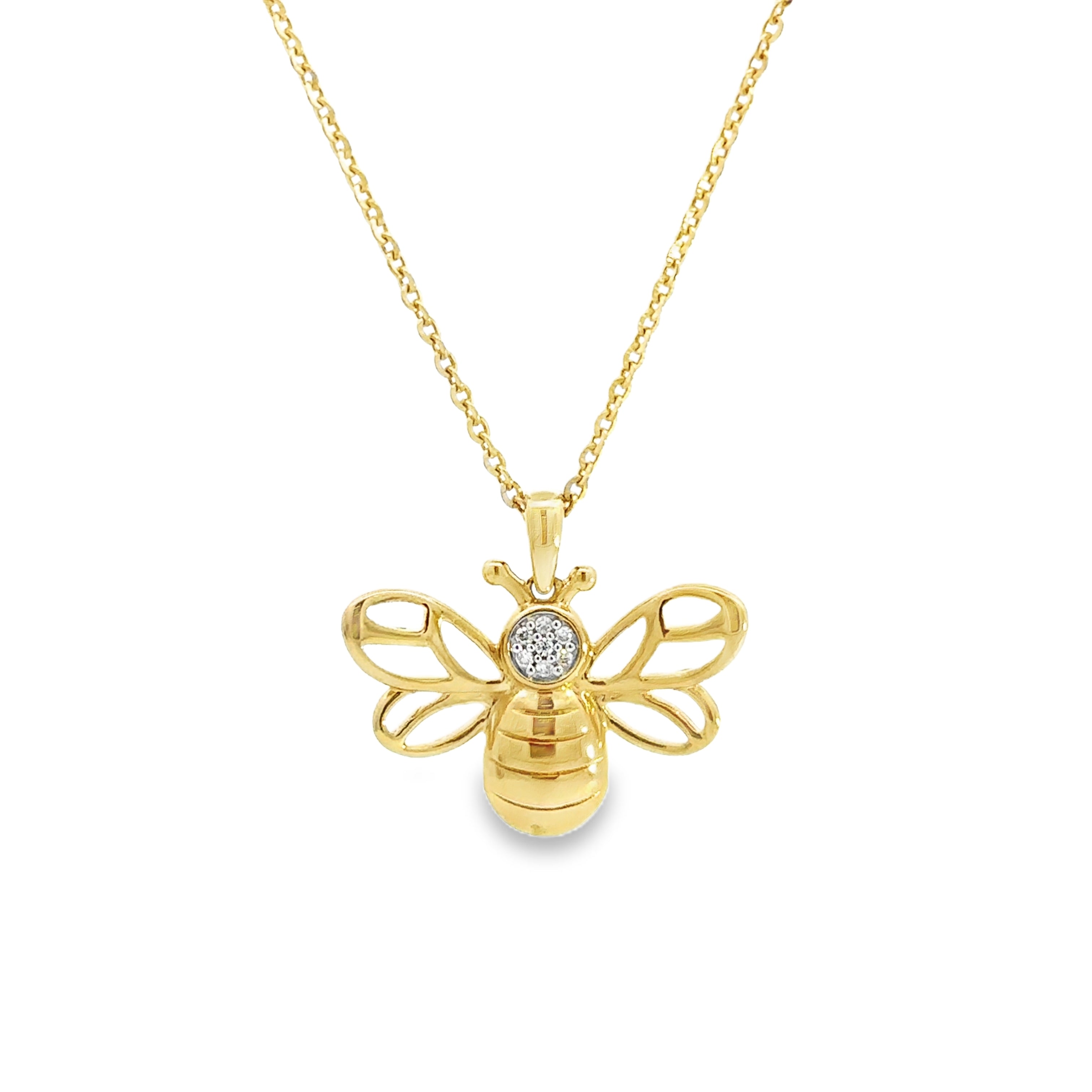 14K Yellow Gold 0.04CTW. Diamond Bee Pendant close up hanging in front of white background.