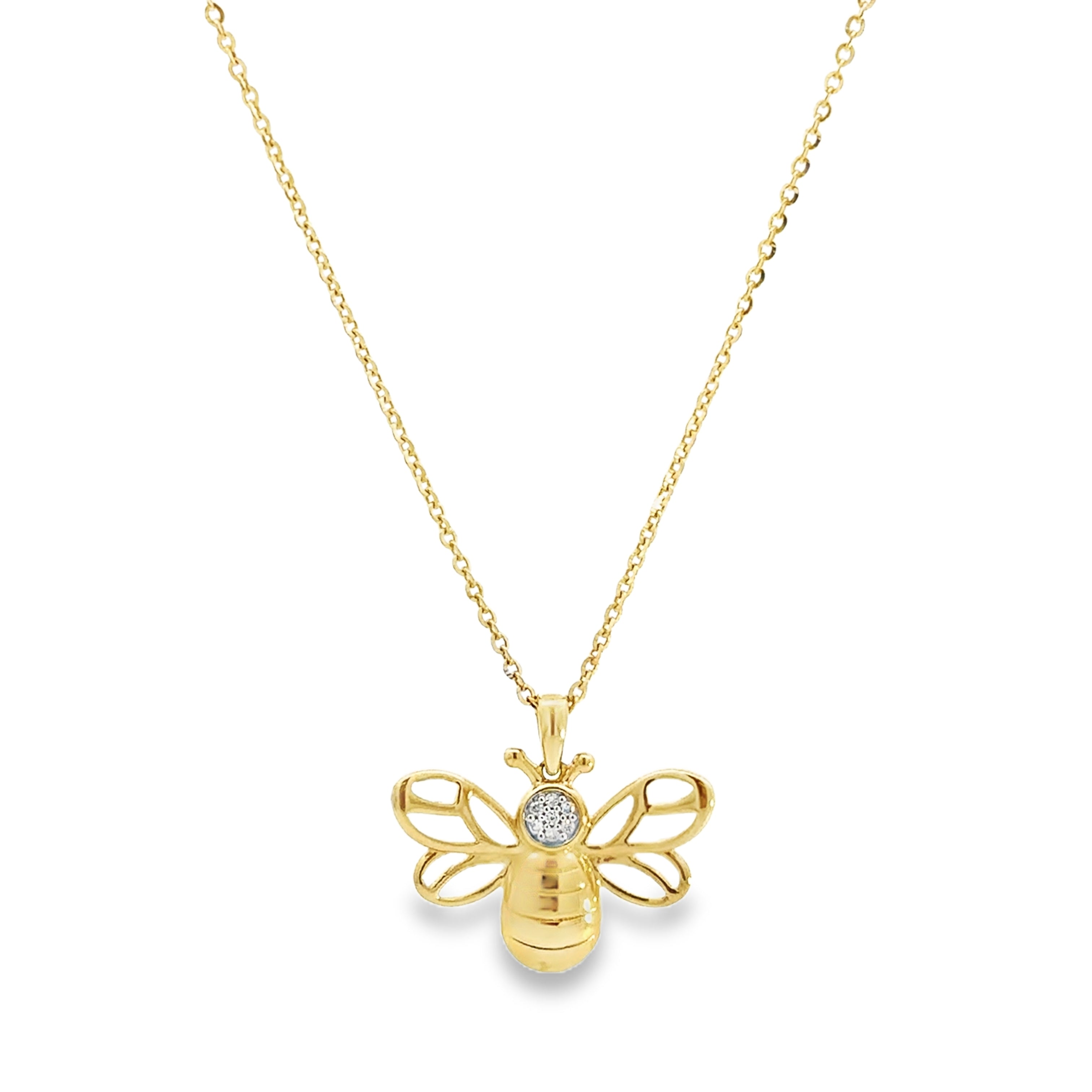 14K Yellow Gold 0.04CTW. Diamond Bee Pendant zoomed out hanging in front of white background.