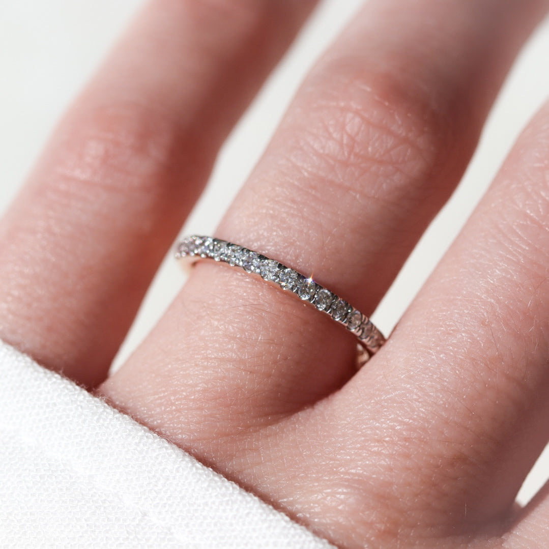 14K Rose Gold 3/8CT. Diamond Half-Eternity Band on a hand, close-up.
