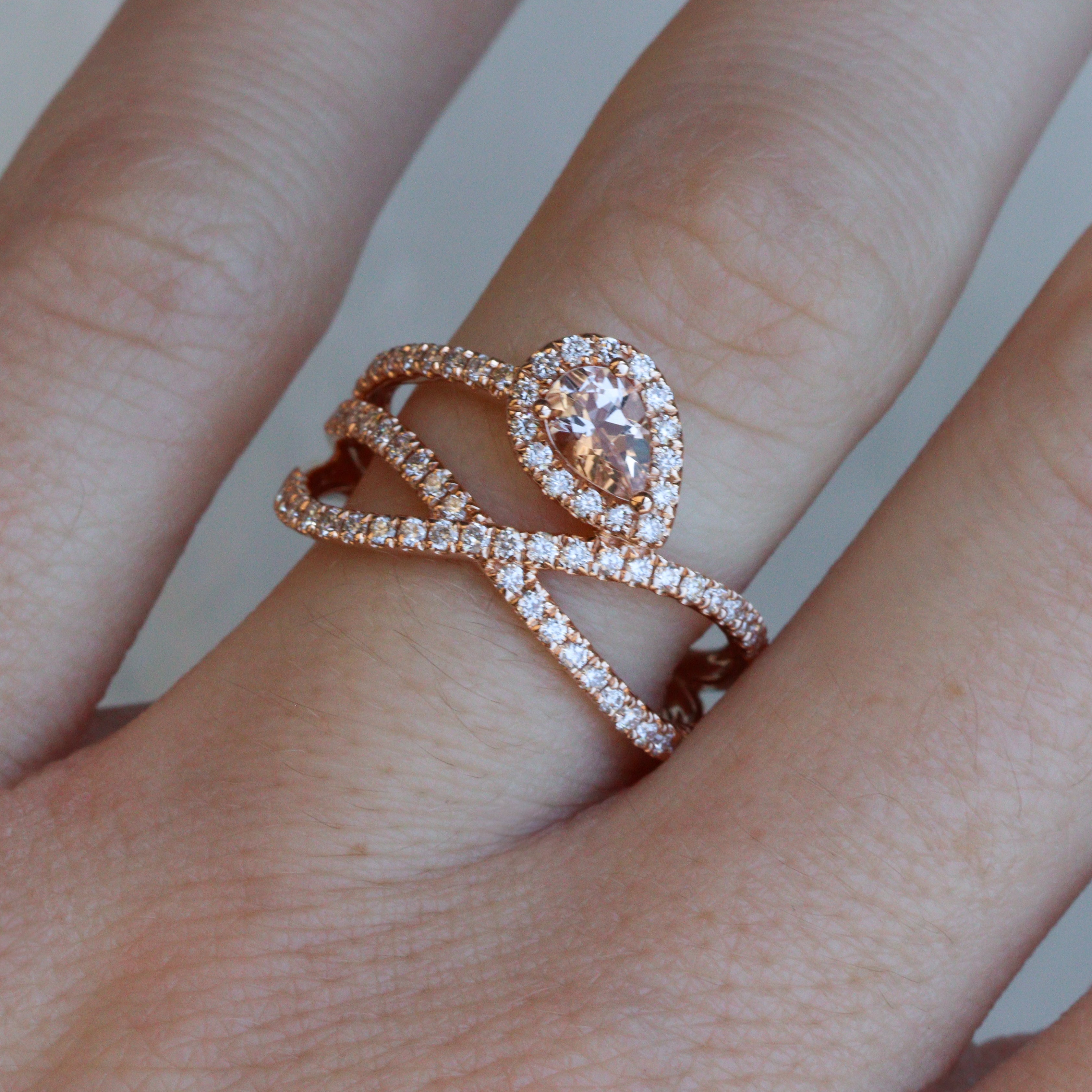 EFFY 14K Rose Gold 0.40CT. Morganite and 0.49CTW. Diamond 3-Strand Bypass Pear Halo Ring