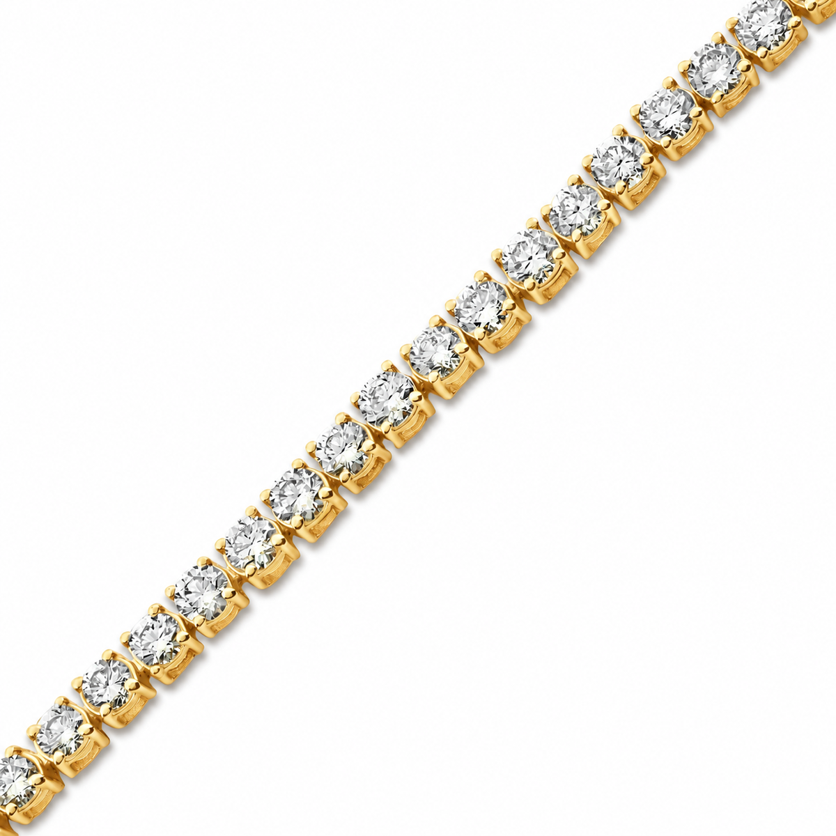 Close-up of round lab-grown diamonds in four-prong 10K yellow gold tennis bracelet settings