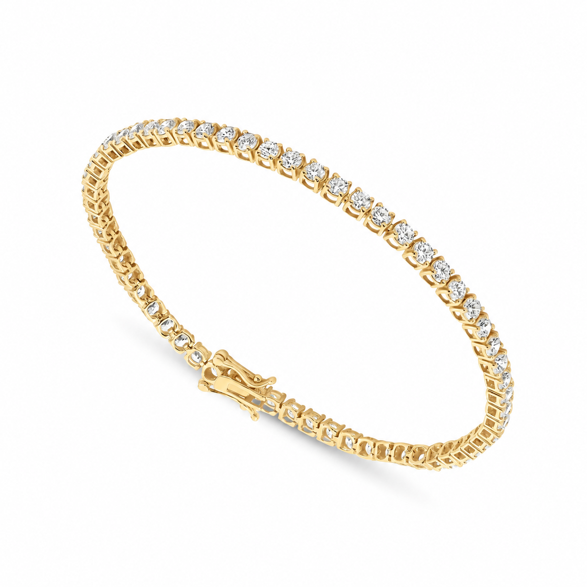 10K yellow gold tennis bracelet with 5.00 CTW. round lab-grown diamonds, shown in an oval with its clasp visible