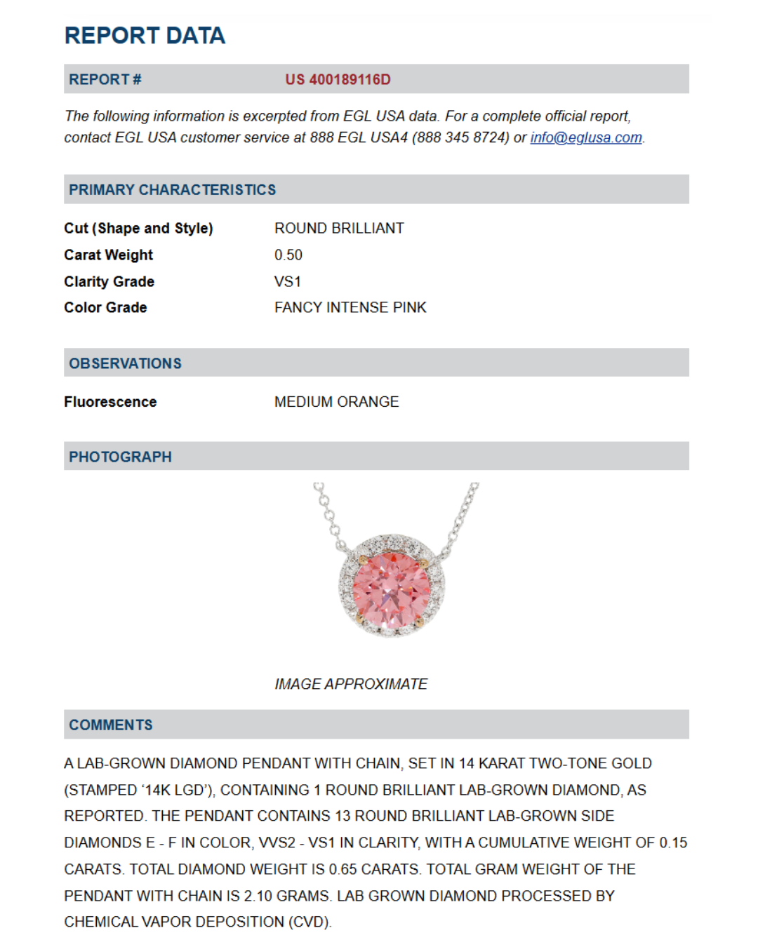 14K White Gold 0.50CT. Round Pink Lab-Grown Diamond with White Halo Certified 0.65CTW. Necklace