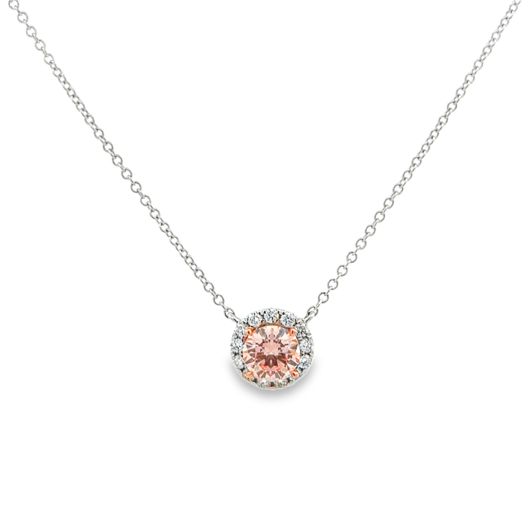 14K White Gold 0.50CT. Round Pink Lab-Grown Diamond with White Halo Certified 0.65CTW. Necklace