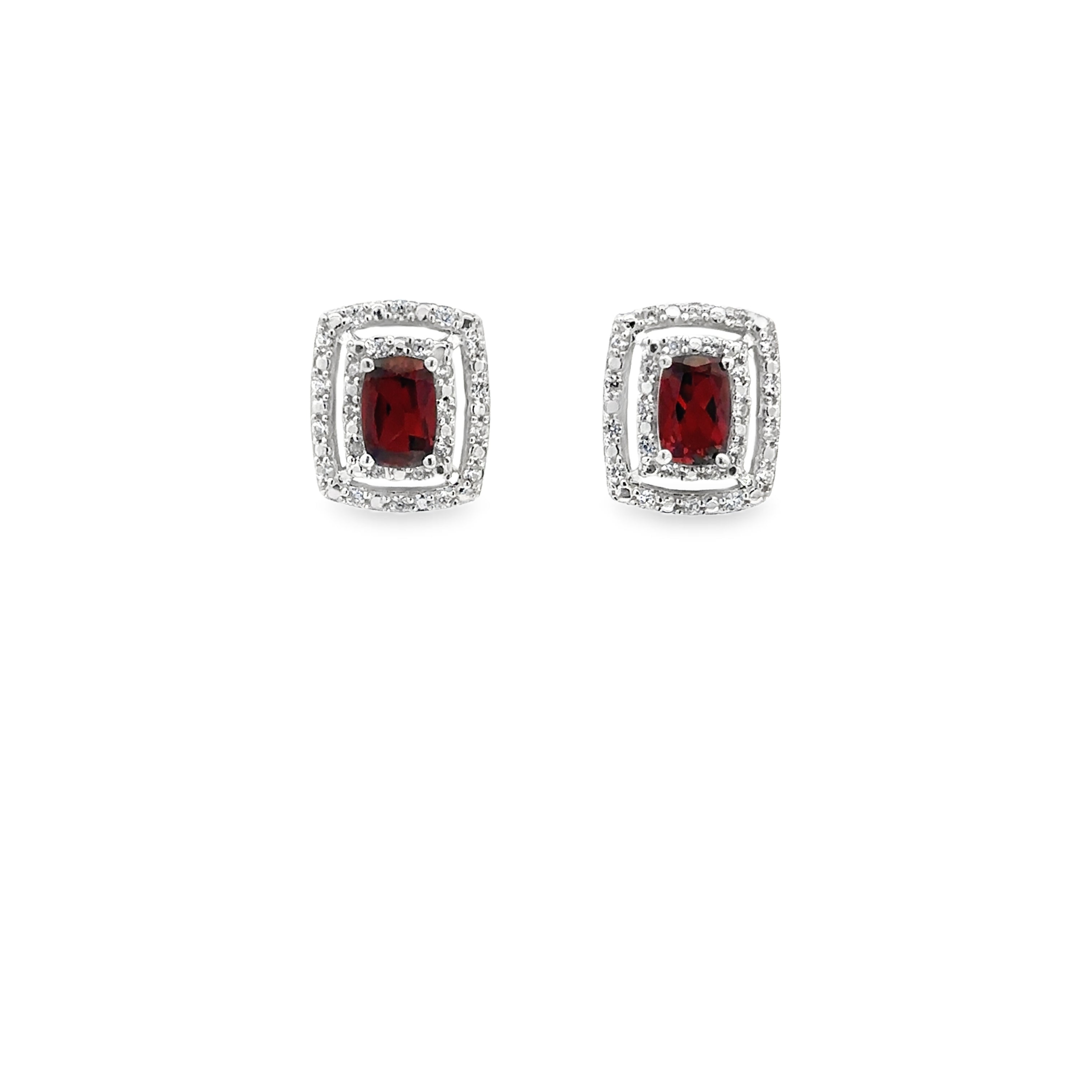 Sterling Silver Garnet and White Zircon Double Halo Stud Earrings