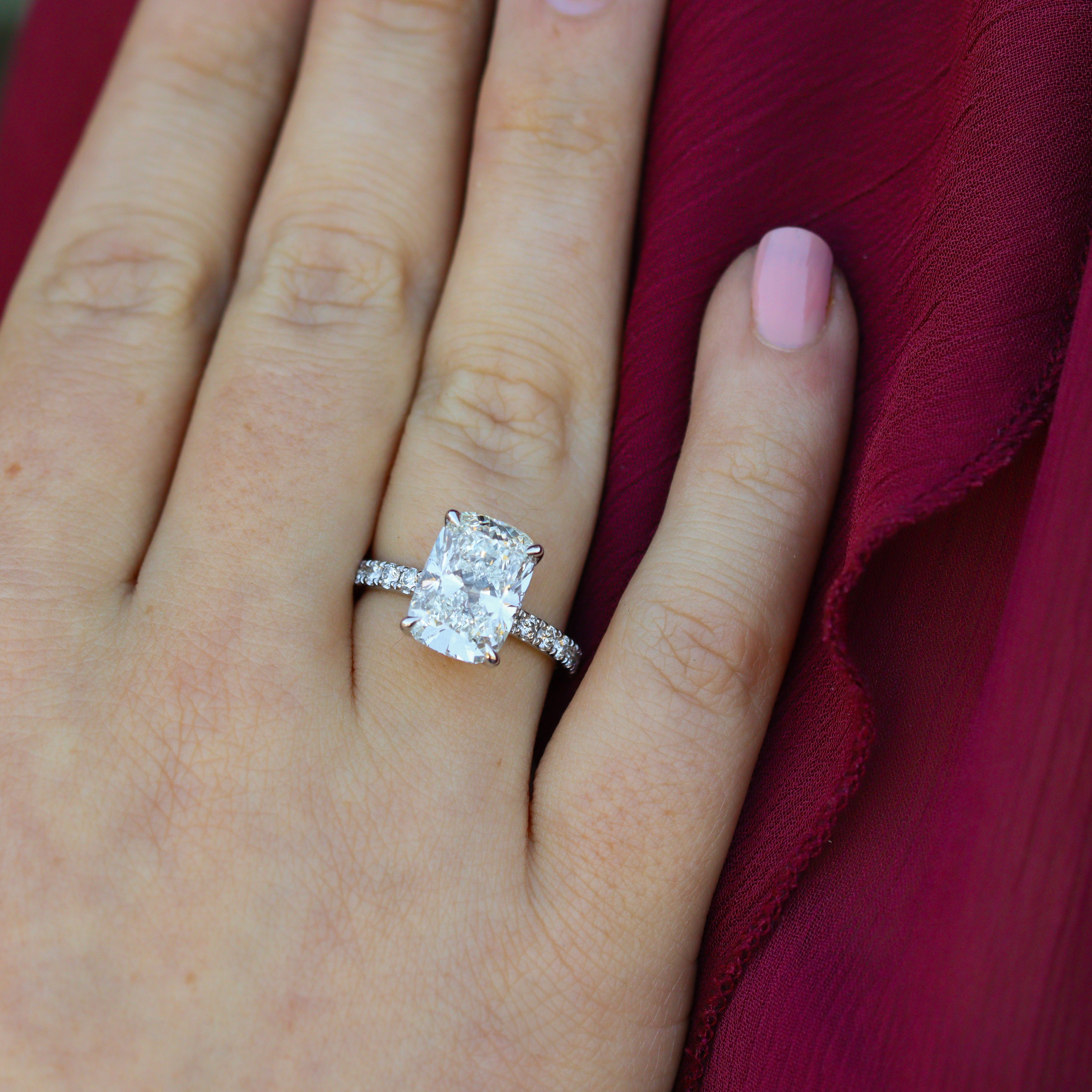 The "Caroline" — 14K White Gold 5.57CTW. Certified Elongated-Cushion Lab-Grown Diamond Accented Engagement Ring