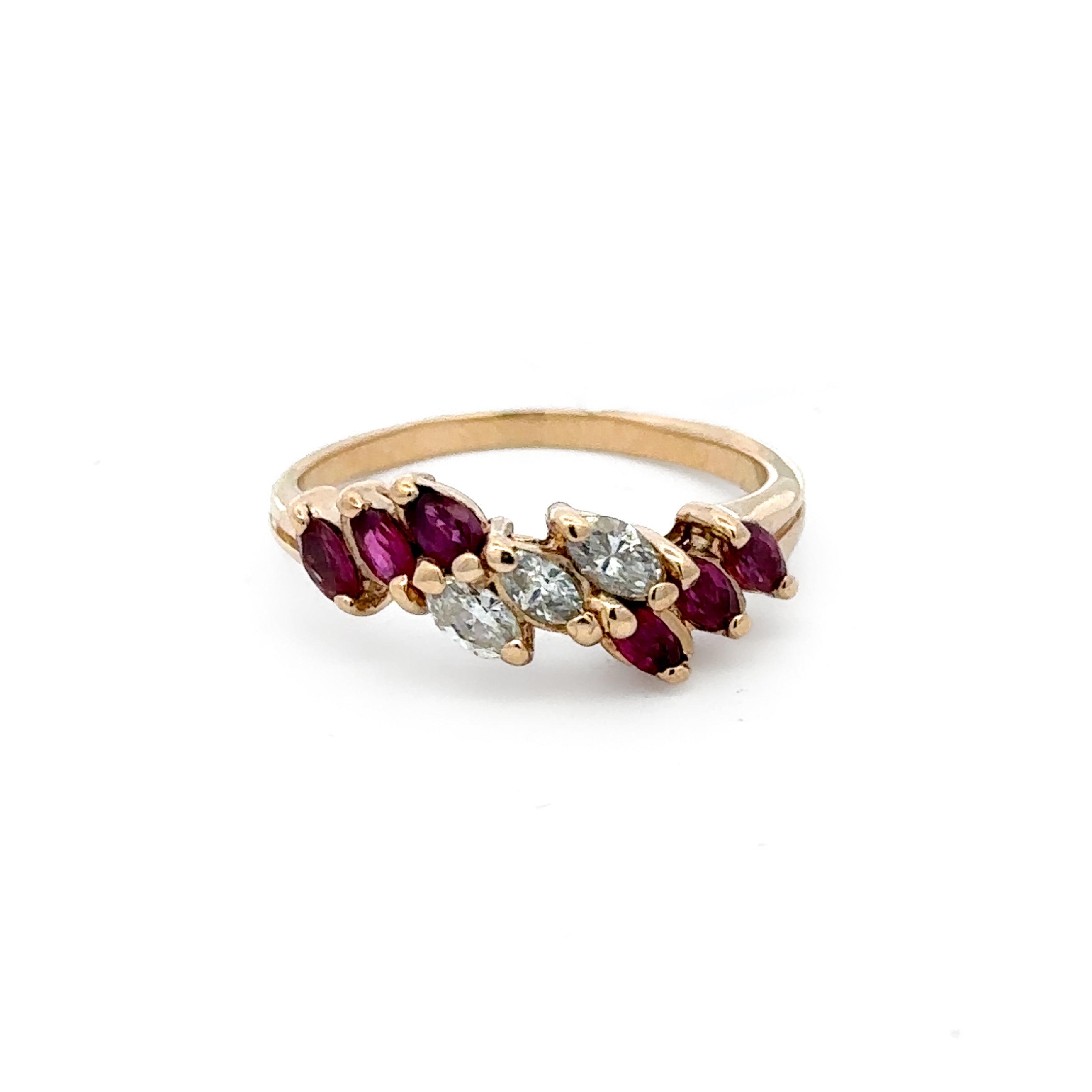 Estate Collection: 14K Yellow Gold Marquise Diamond and Rhodolite Garnet 3-Row Fashion Ring