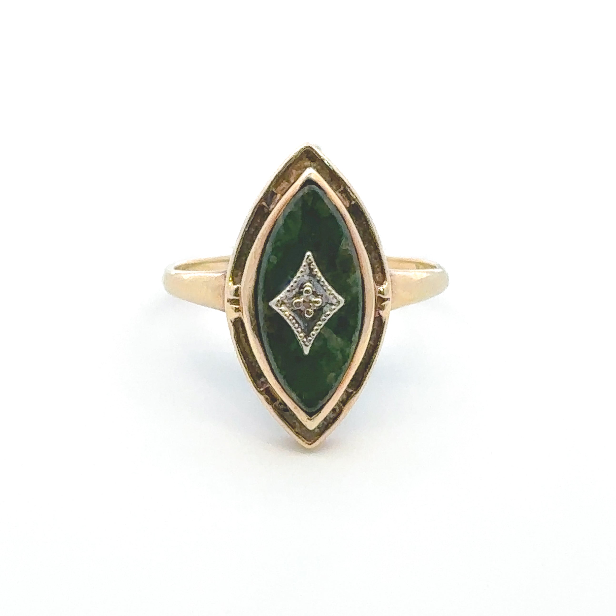 Estate Collection: 10K Yellow Gold Marquise Cut Green Ring with Diamond Accent