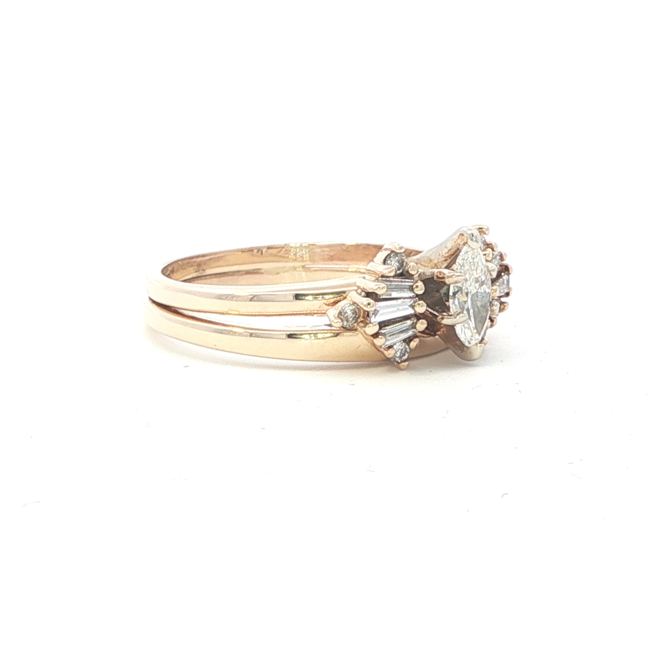 Estate Collection: 14K Yellow Gold 0.4CTW. Marquise Diamond Engagement Ring & Baguette Diamond Enhancer Wedding Set