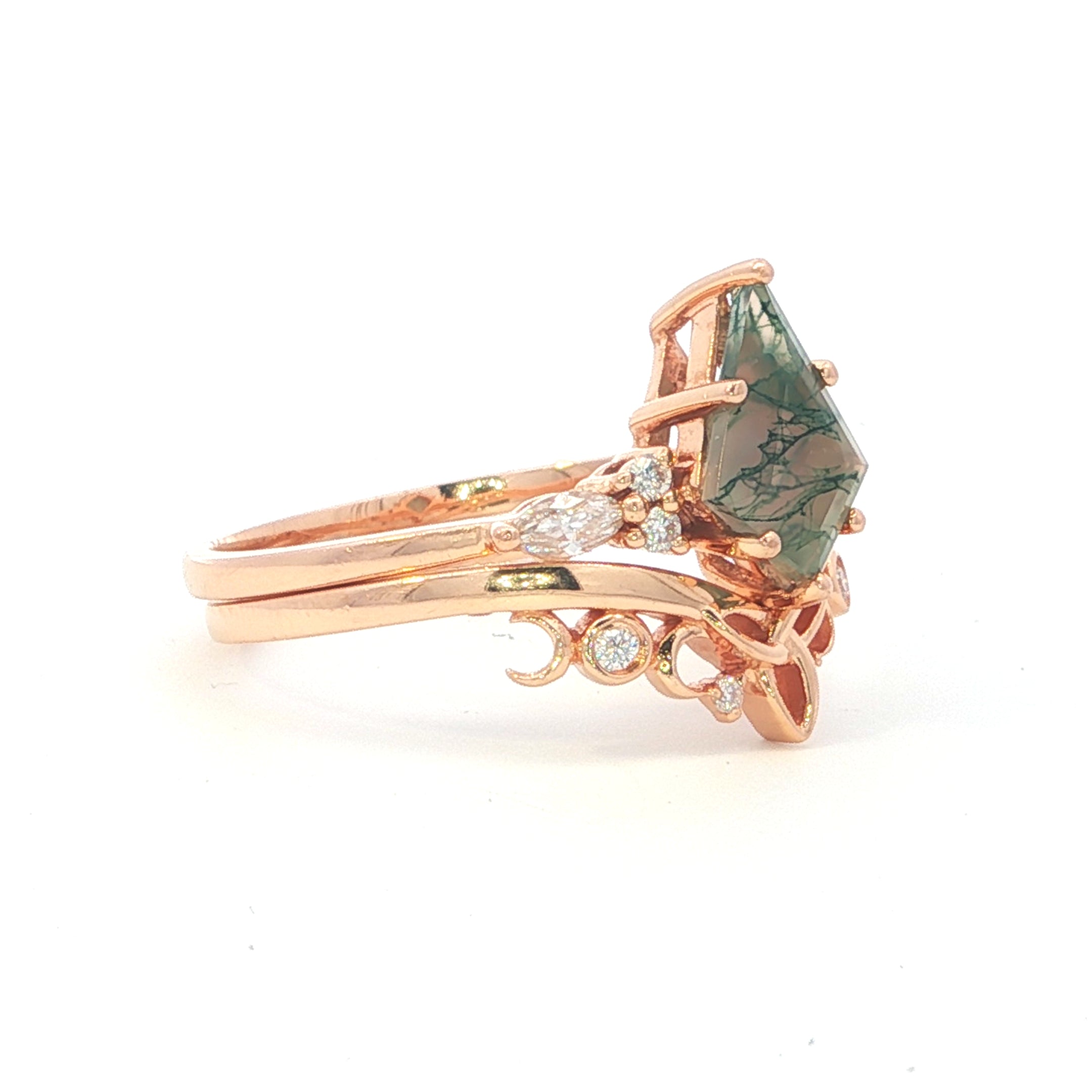 Estate Collection: 18K Rose Gold Kite-Cut Moss Agate Moissanite Accented Engagement Ring & Wedding Band Set