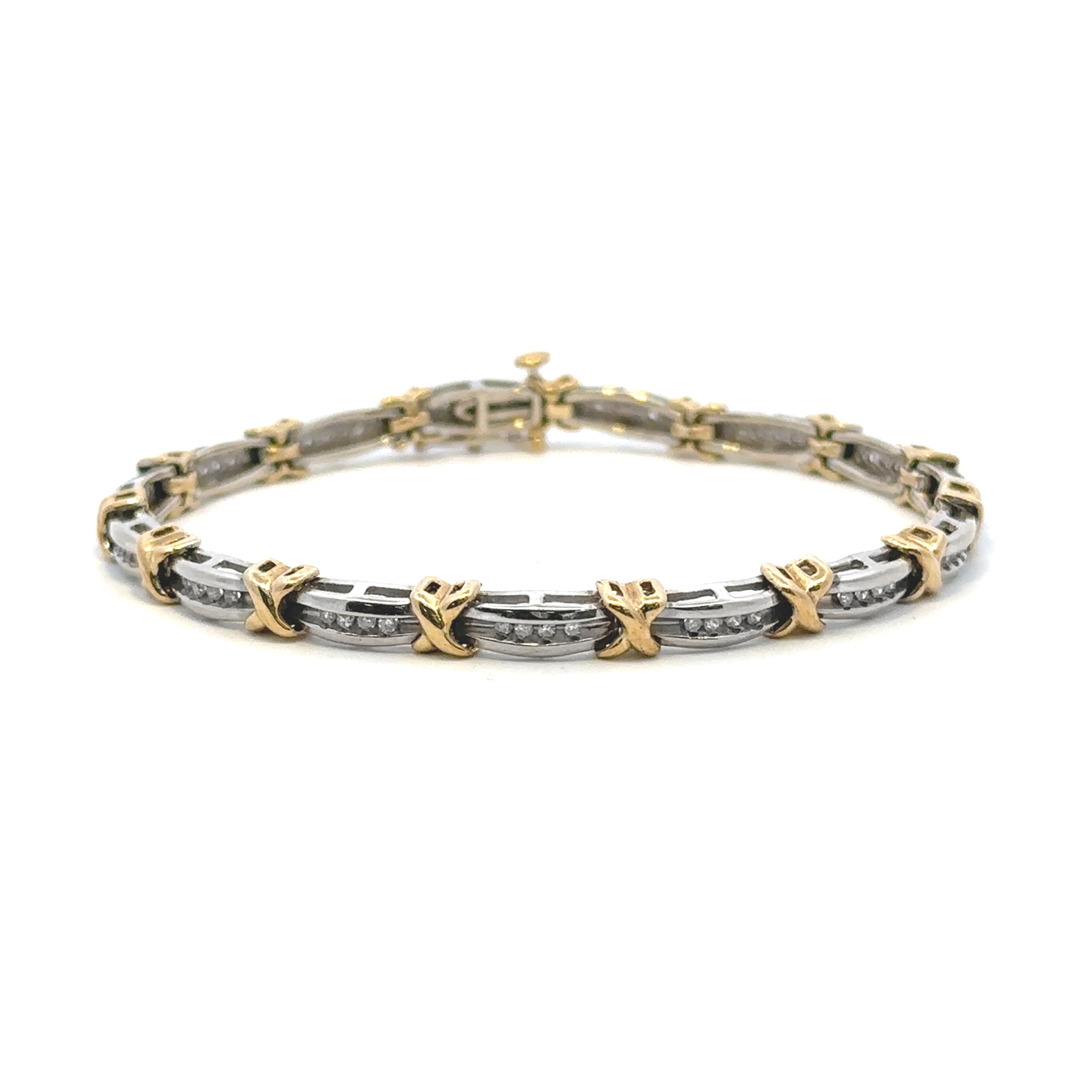 Estate Collection: 10K White & Yellow Gold 0.6CTW. Channel-Set Diamond Fancy Link 7" Tennis Bracelet