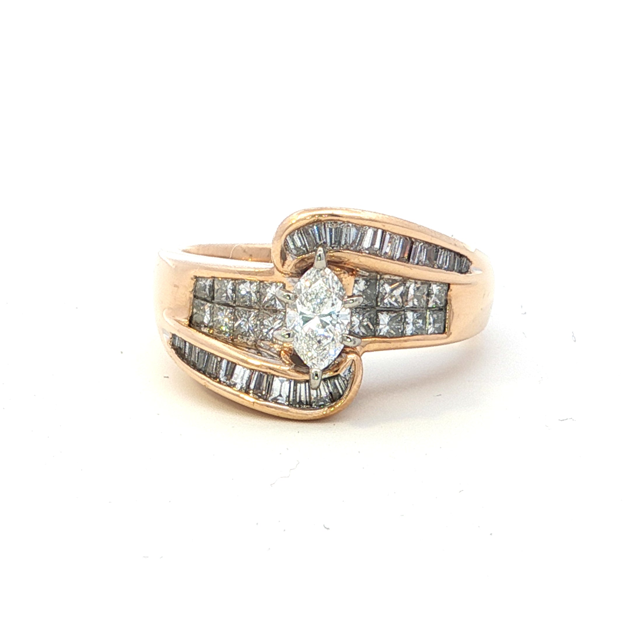 Estate Collection: 14K Yellow Gold 1.02CTW. Marquise Center & Baguette Diamond Accented Engagement Ring