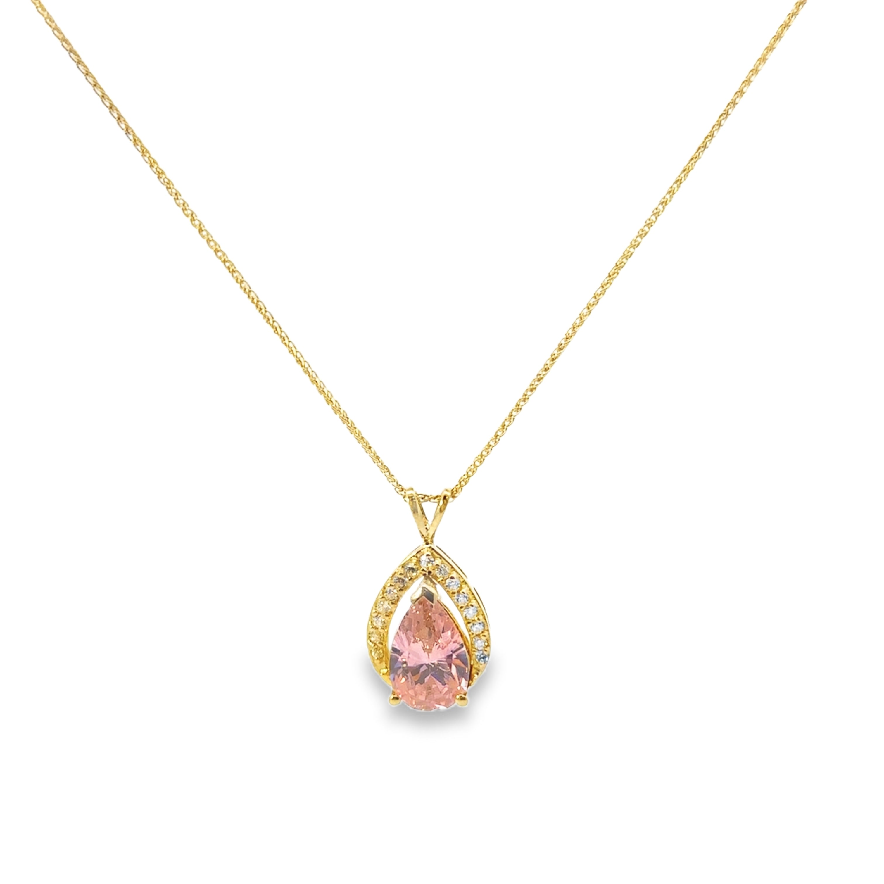 Estate Collection: 14K Yellow Gold Pear-Cut Pink Ice and CZ Accented Pendant Necklace