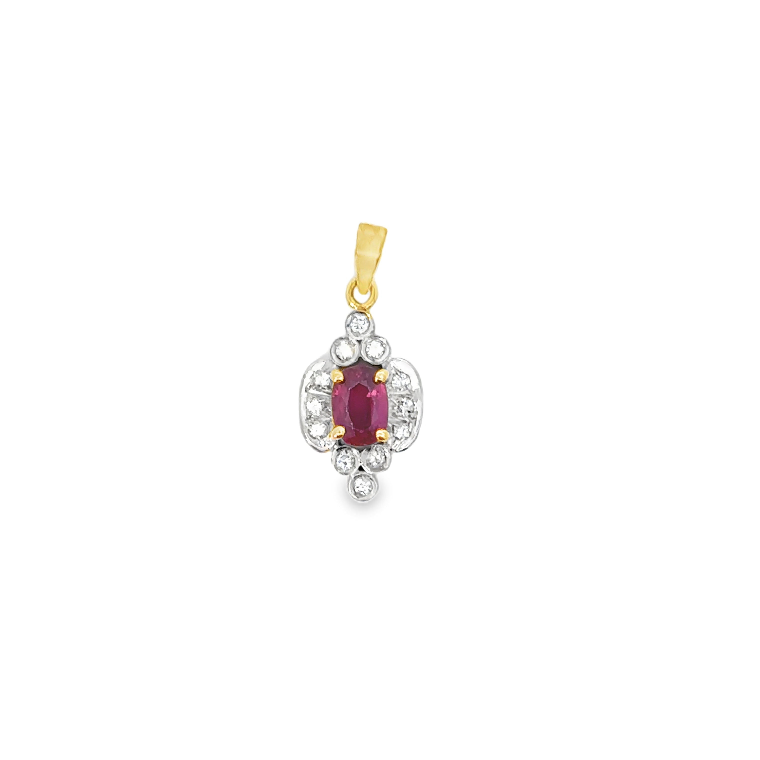 Estate Collection: 18K Yellow and White Gold Presumed Ruby and Diamond Accented Pendant With 10K New Chain Chain