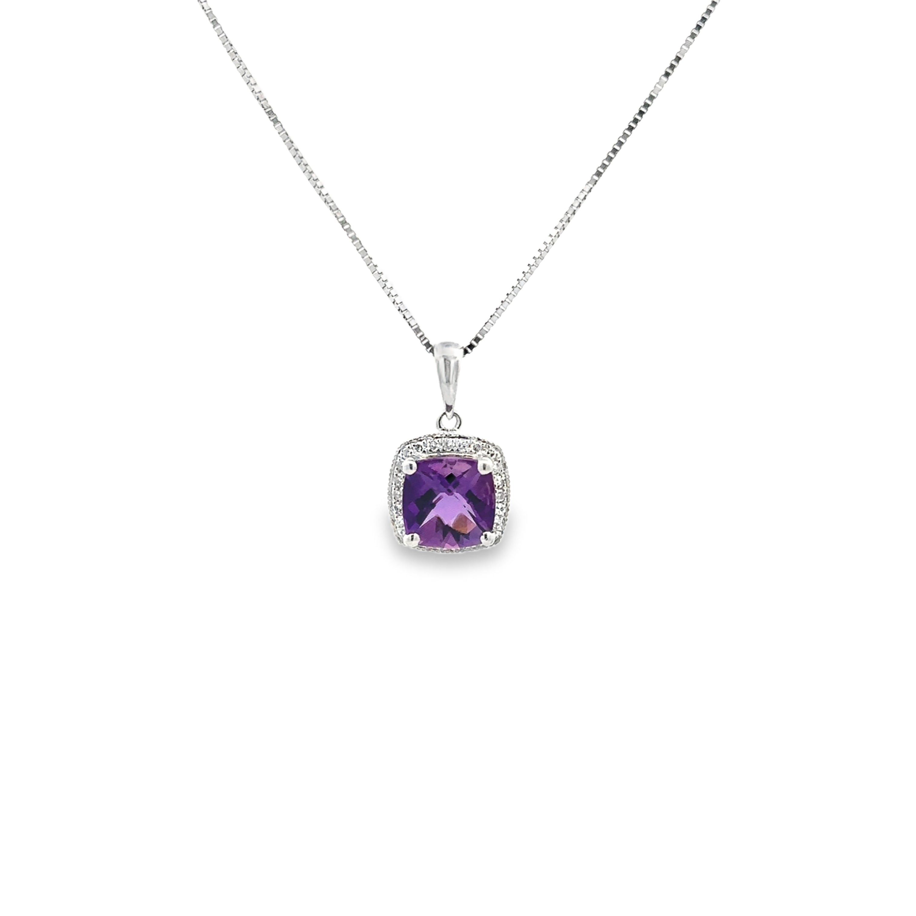 Estate Collection: 14K White Gold Amethyst & Diamond Halo Pendant Necklace