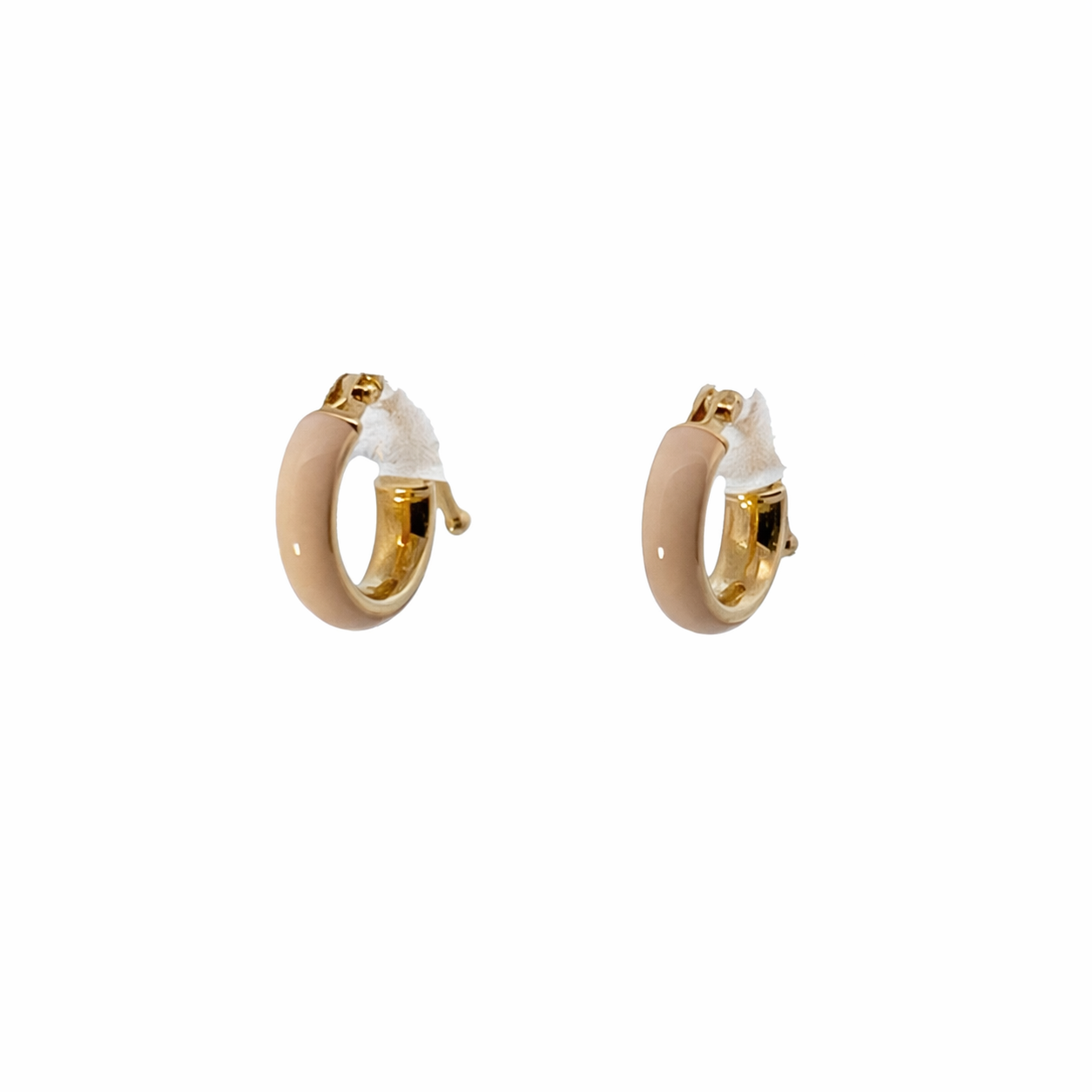 Pair of gold hoop earrings with beige centers on a white background