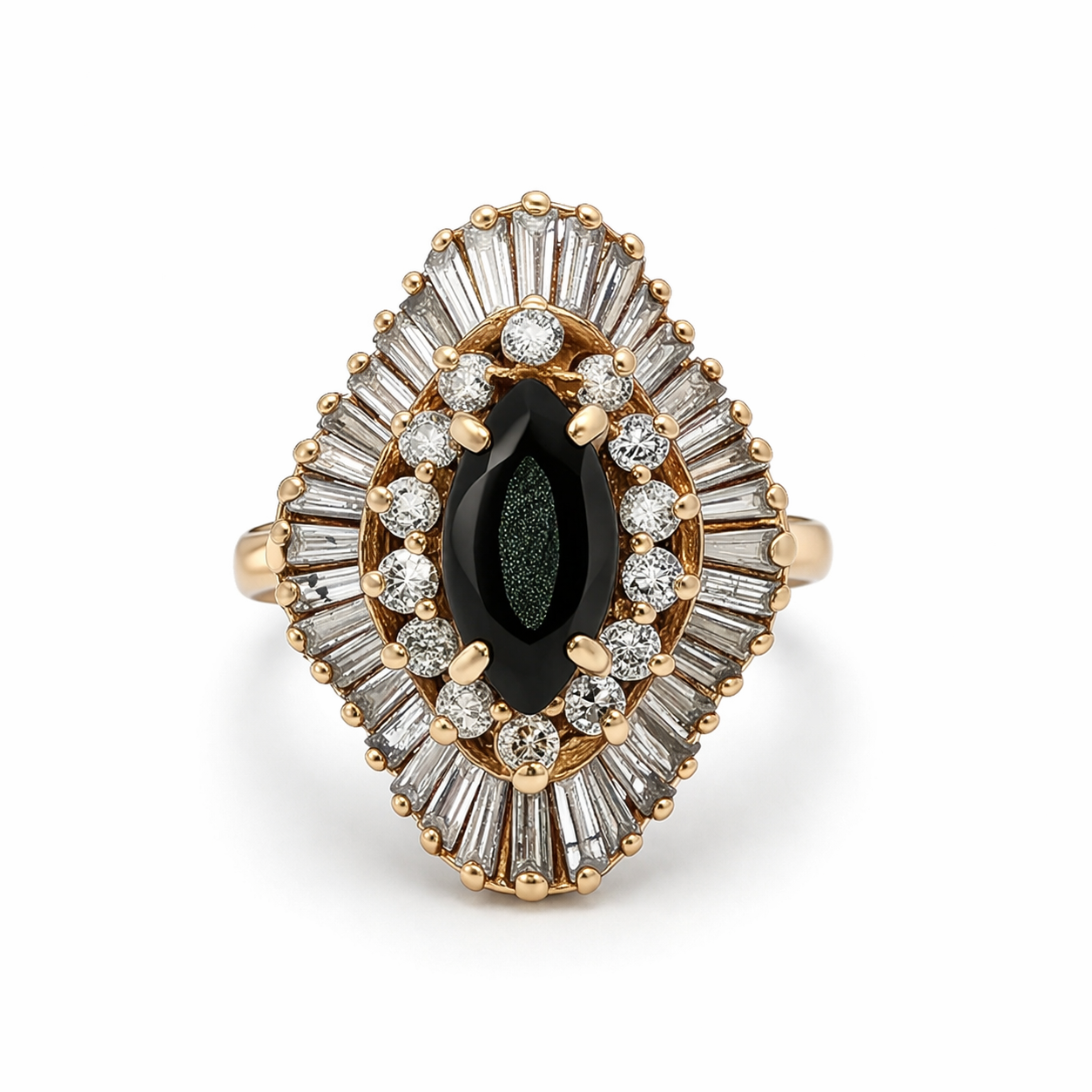 Estate Collection: 14K Yellow Gold 1.44CTW. Natural Diamond and Onyx Marquise Cocktail Ring