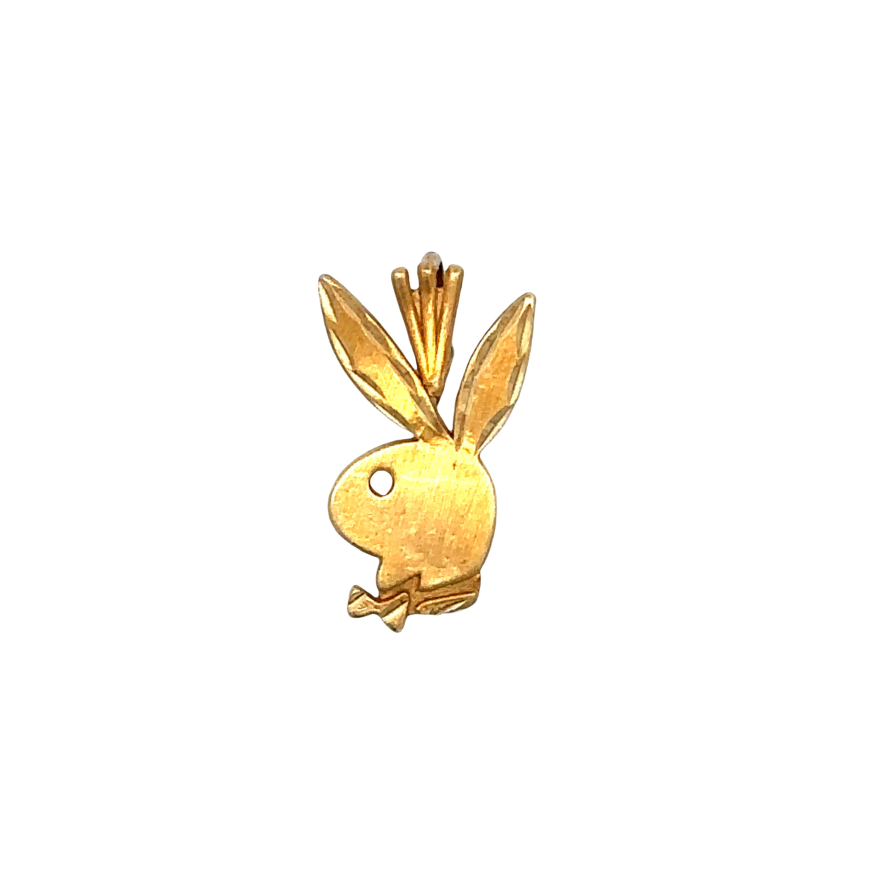 A small gold bunny-shaped charm or pendant with long ears and a textured finish, shown on a plain white background.