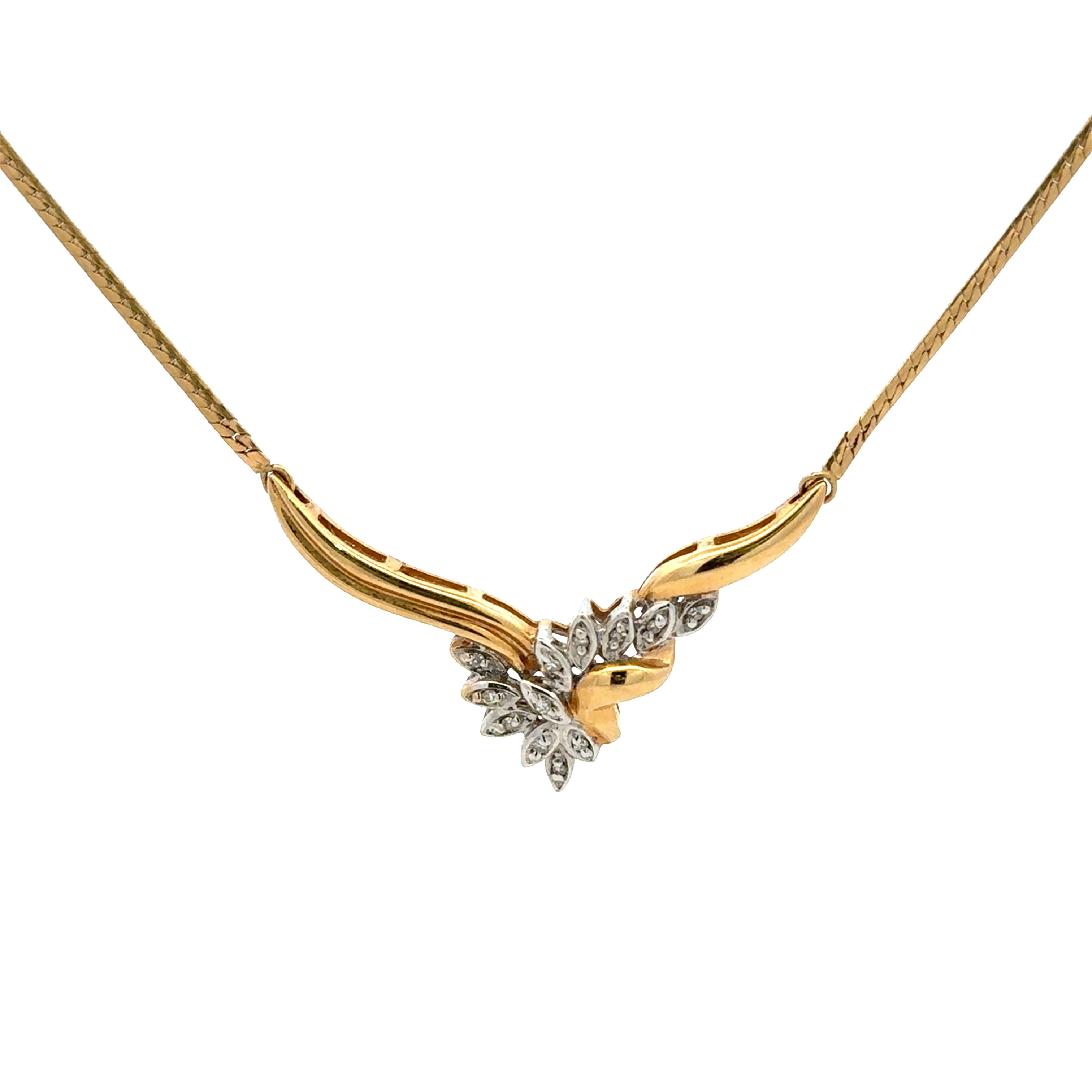 A gold necklace with a winged pendant featuring a small floral cluster accented with clear stones, shown on a plain white background.