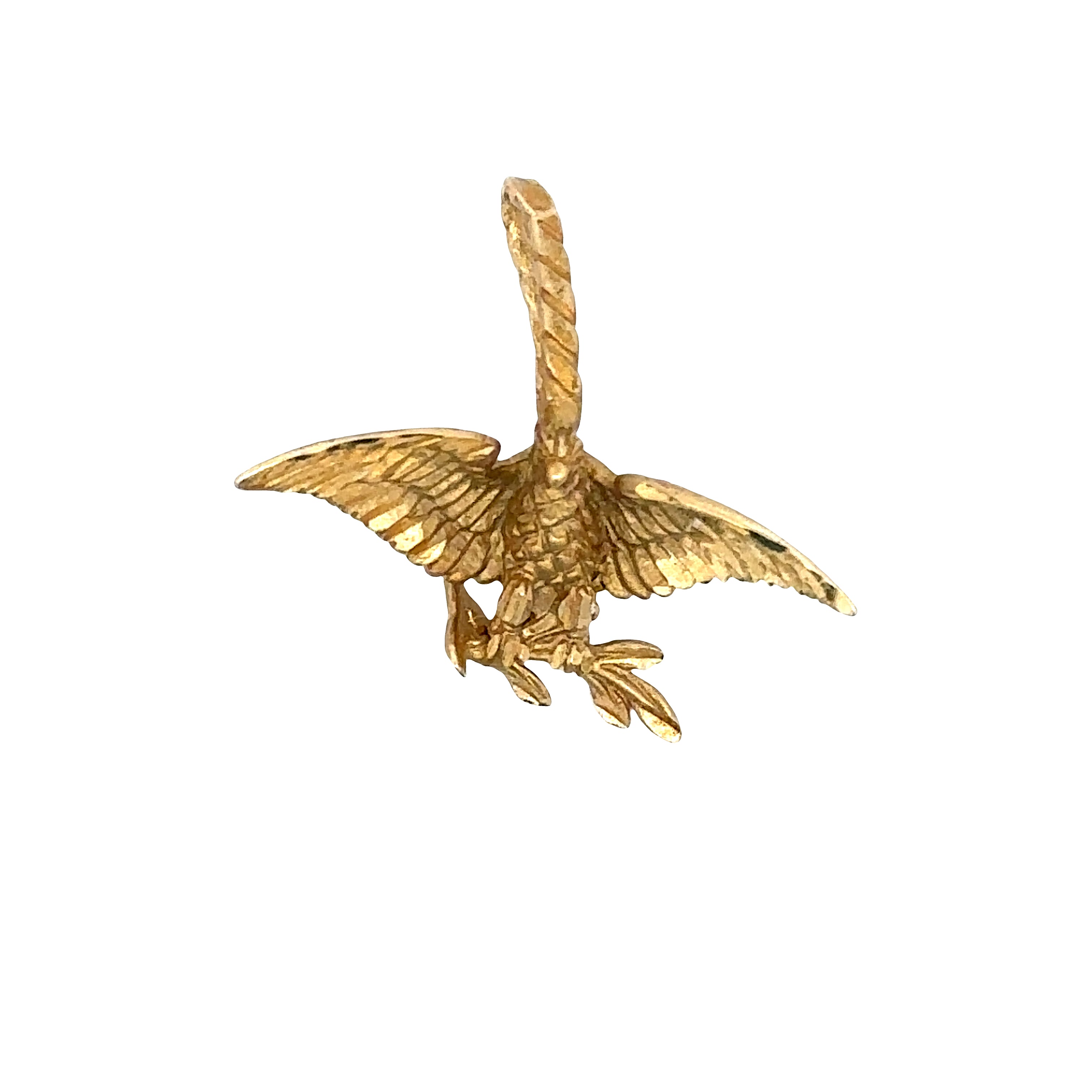 A small gold-toned bird charm or pendant with spread wings, shown on a plain white background.