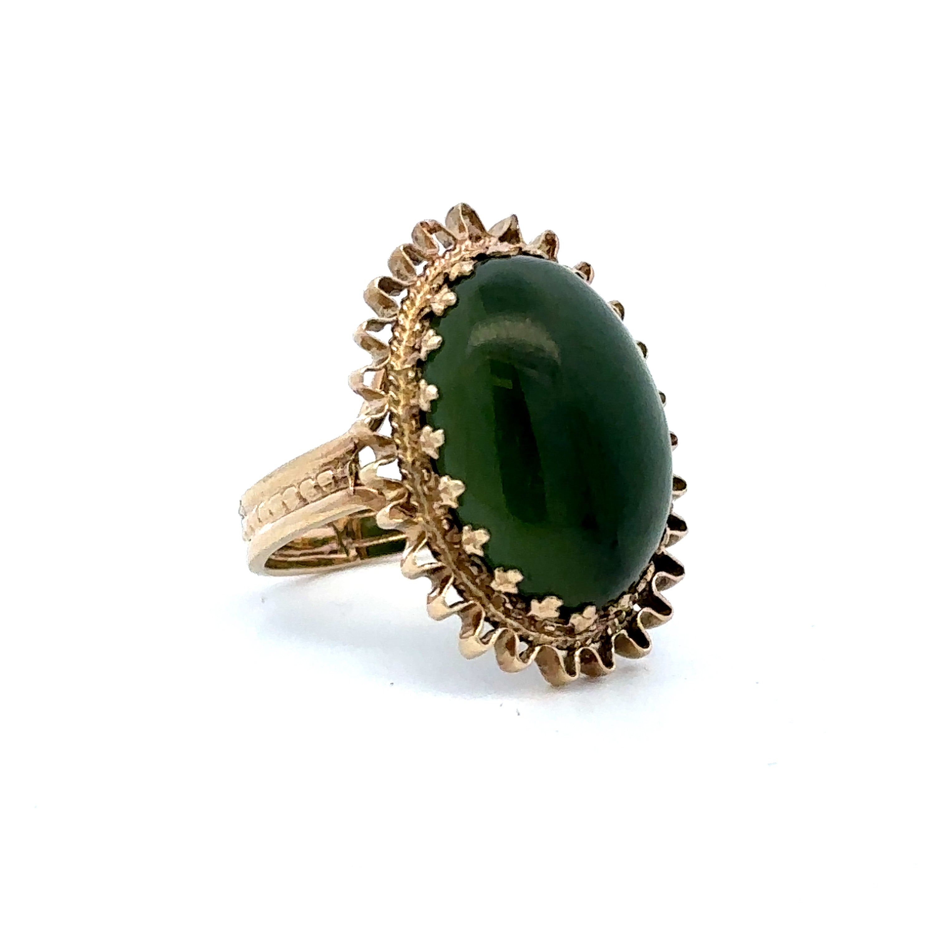 Estate Collection: 14K Yellow Gold Jade Cabochon Wavy Frame Ring SIZE