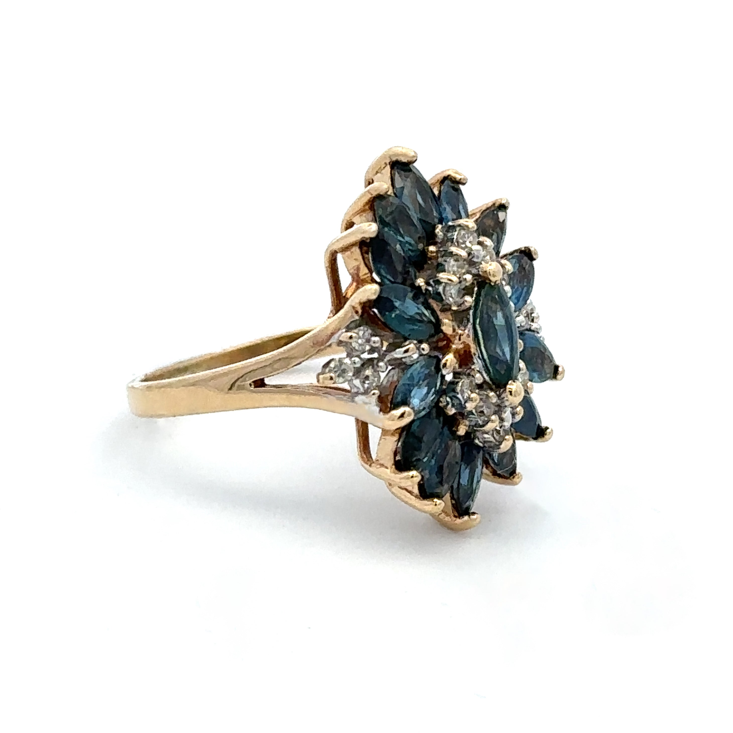 Estate Collection: 14K Yellow Gold 3.15CTW. Blue Sapphire & 0.18CTW. Diamond Marquise Cocktail Ring