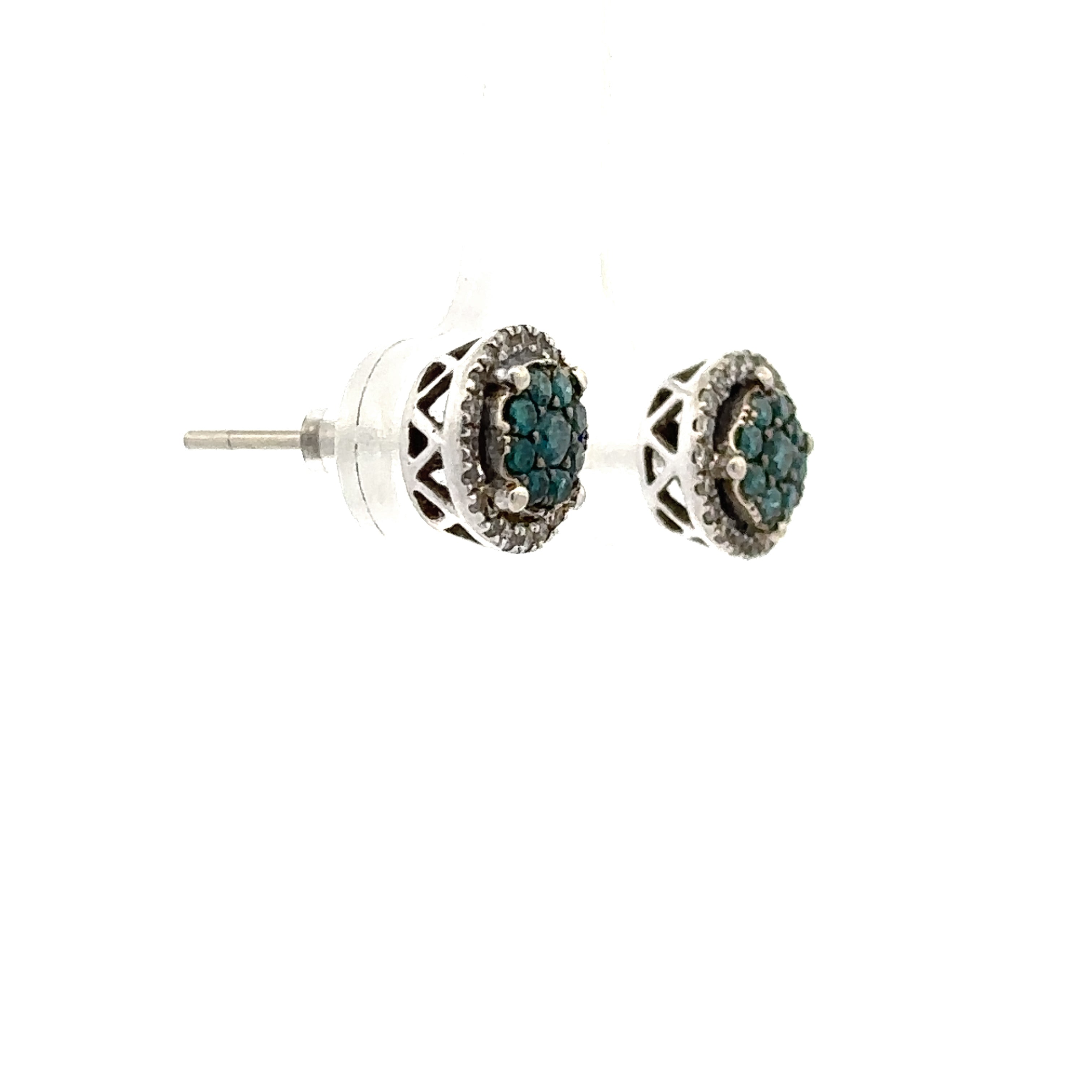 Estate Collection: 10K White Gold Blue Diamond Cluster with White Diamond Halo Stud Earrings