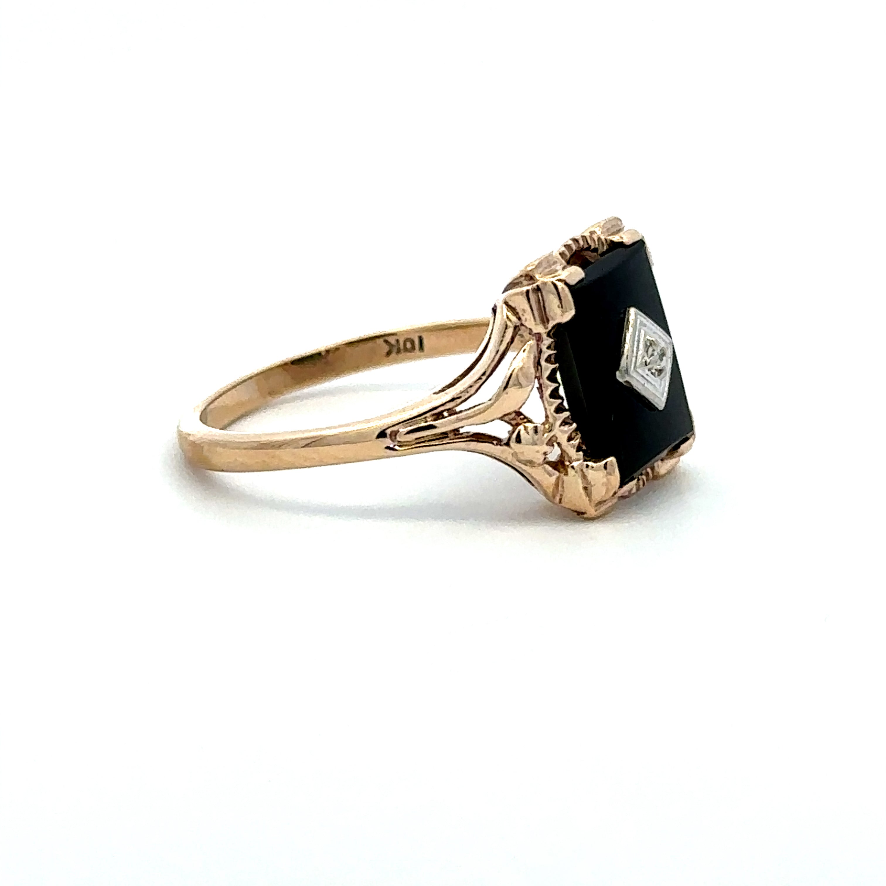 Estate Collection: 10K Yellow Gold Rectangular Black Stone Accented Cocktail Ring