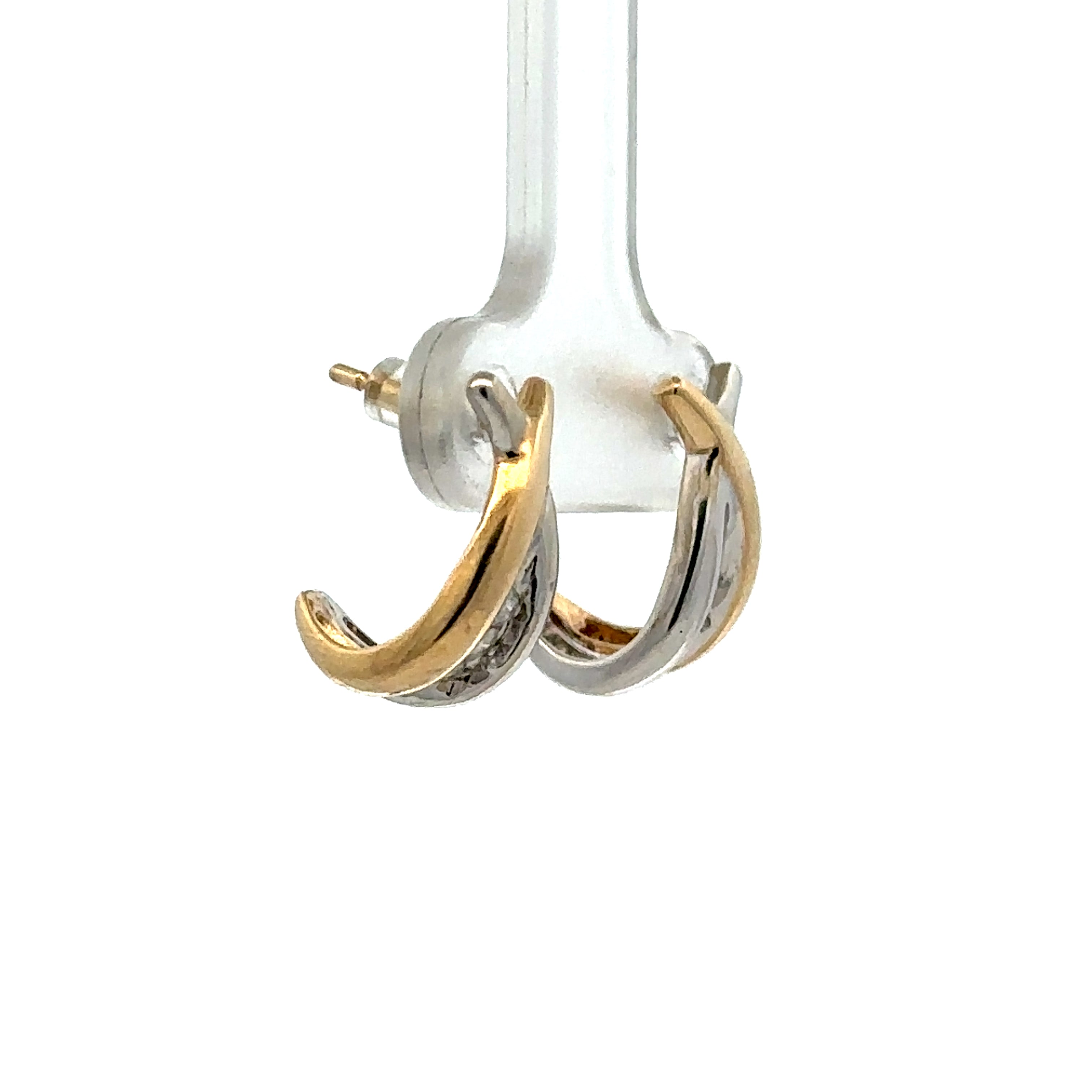 Estate Collection: 10K Gold Two-Tone Diamond Accented J-Hoop Stud Earrings