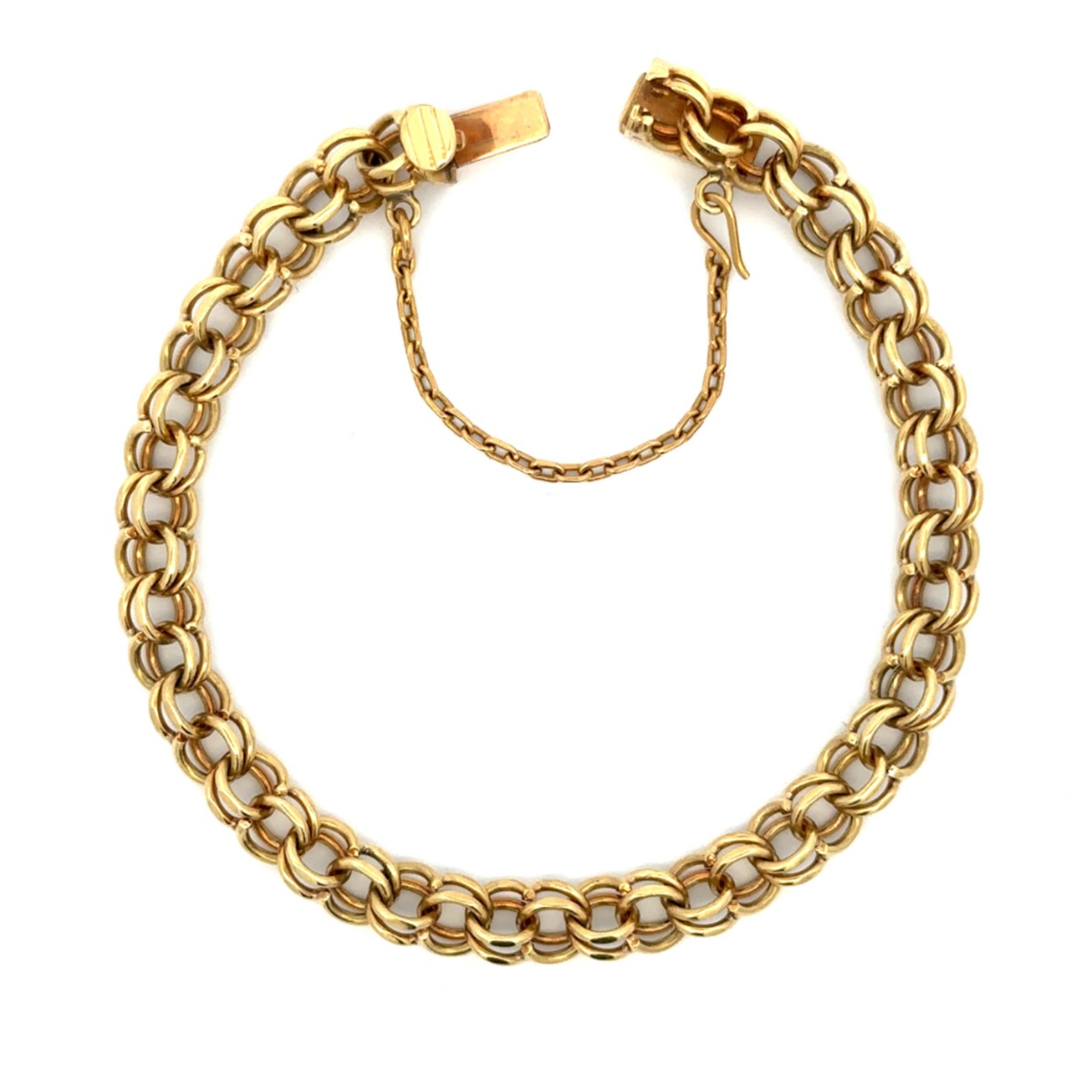 Estate Collection: 18K Yellow Gold 7.25" Double Link Heavy Charm Bracelet with Safety Chain
