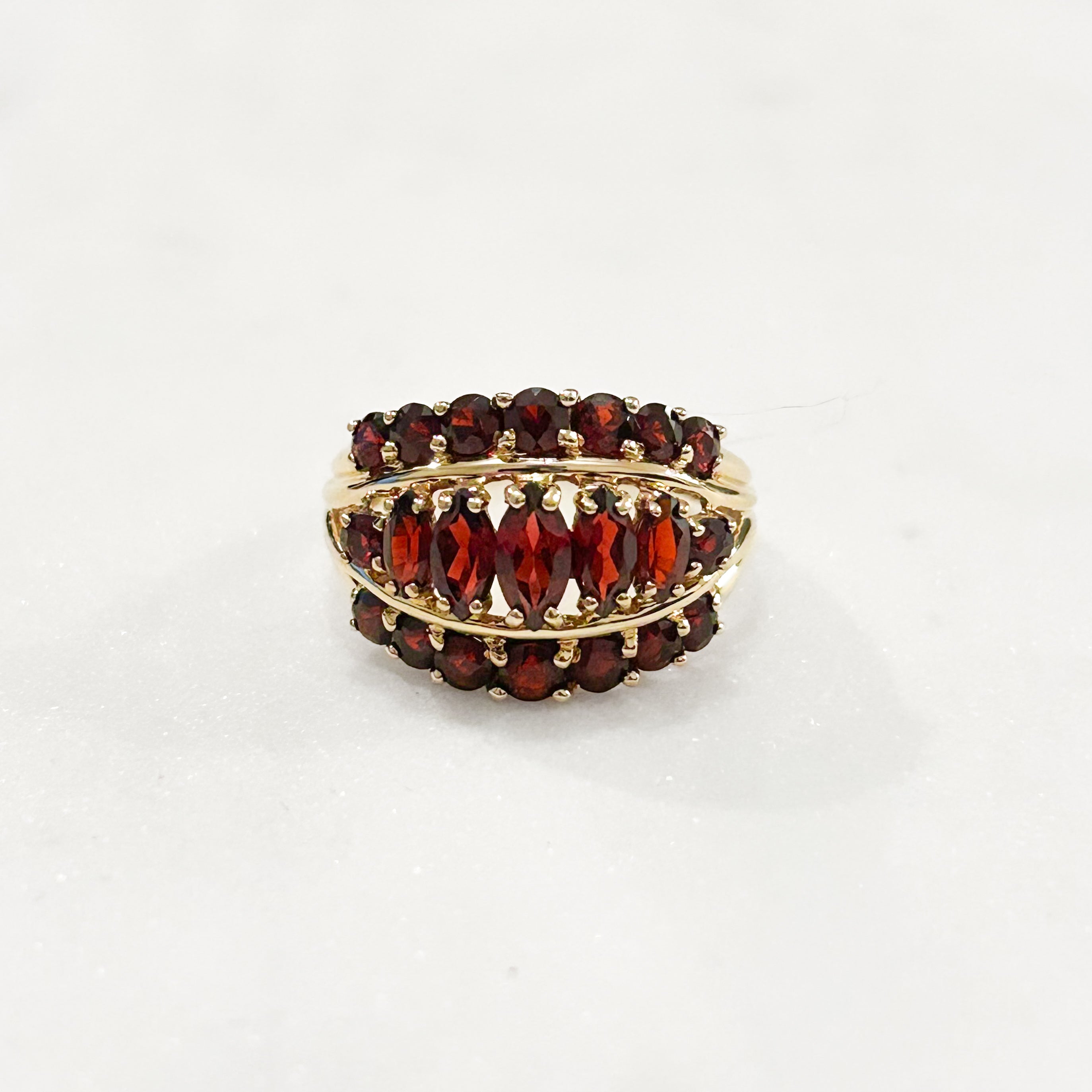 Estate Collection: 10K Yellow Gold Garnet 3-Row Marquise & Round Fashion Ring