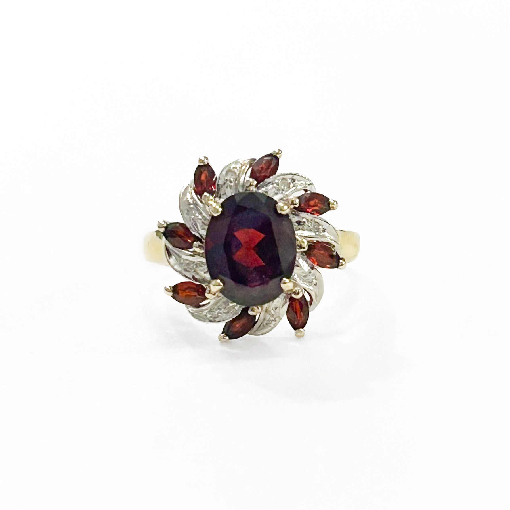 Estate Collection: 14K Yellow & White Gold Oval Garnet Center with Marquise Garnet Halo Swirl Ring