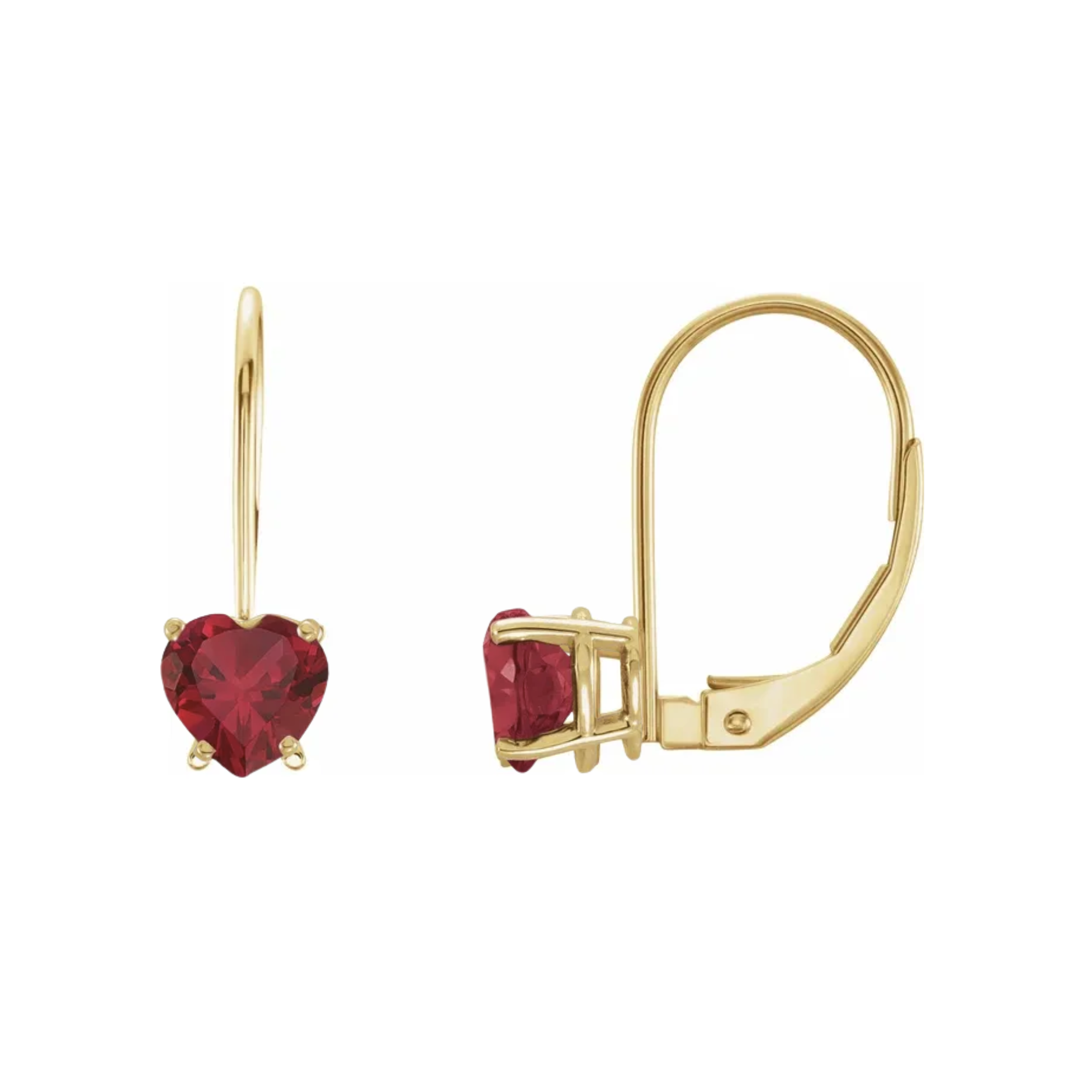 Estate Collection: 10K Yellow Gold Heart-Shaped Created Ruby Leverback Earrings