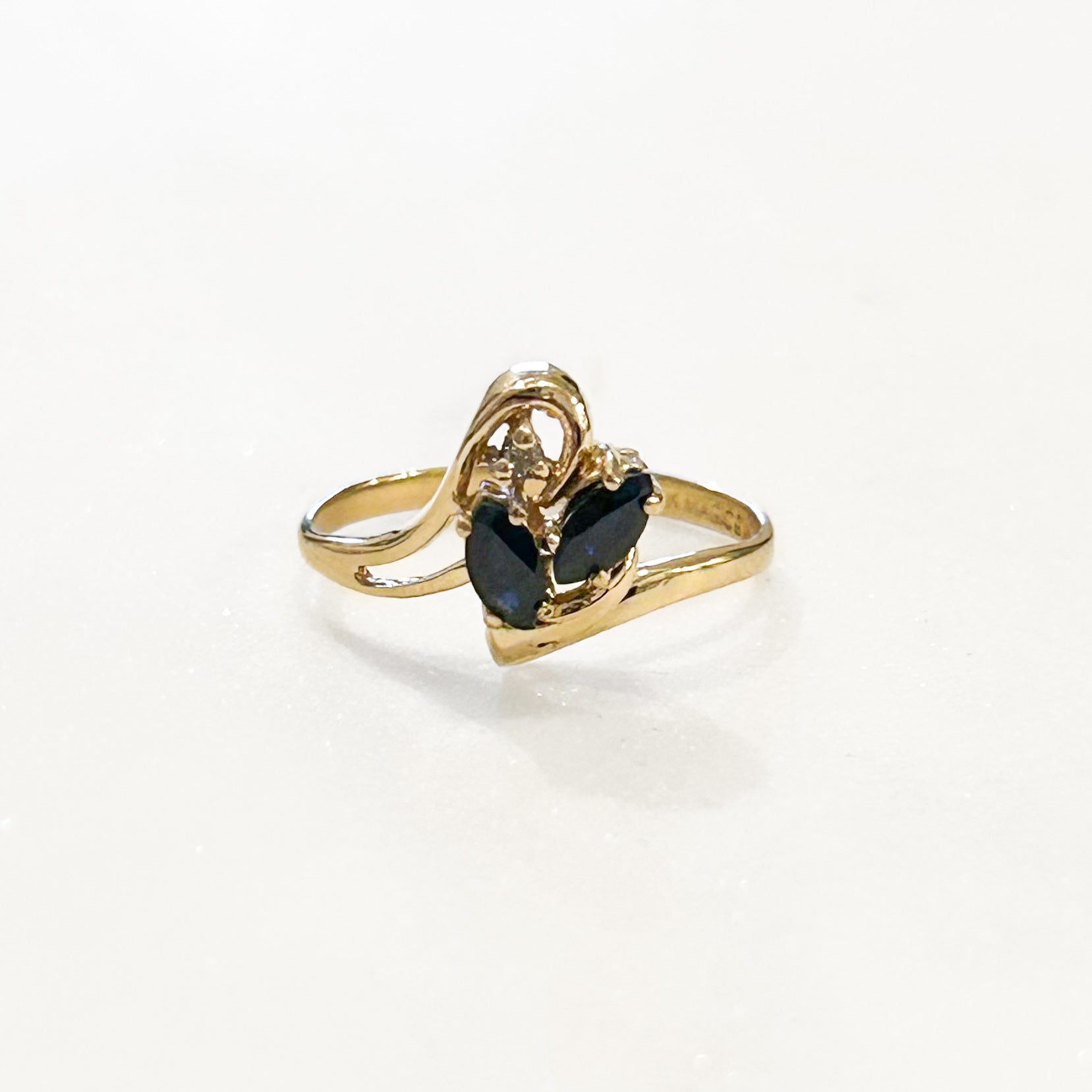 Estate Collection: 14K Yellow Gold Marquise Sapphirre & Diamond Swirl Design Ring
