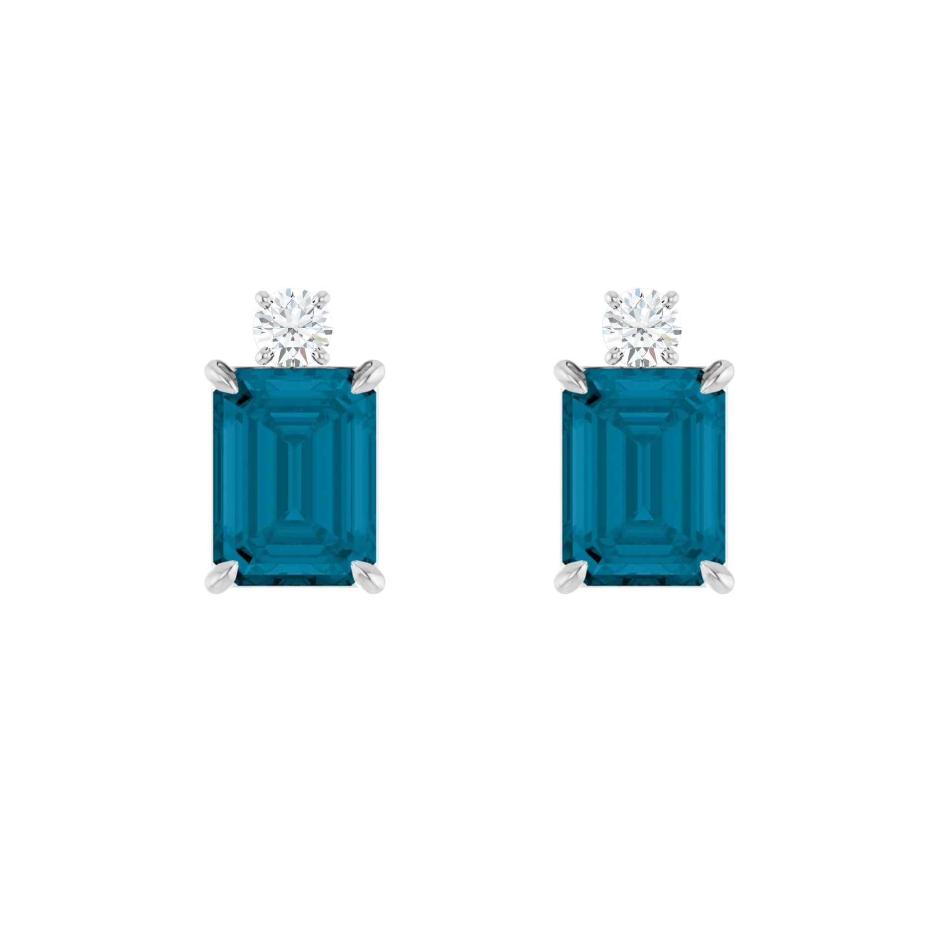 Estate Collection: 14K White Gold Emerald-Cut London Blue Topaz and Round Diamond Accented Stud Earrings