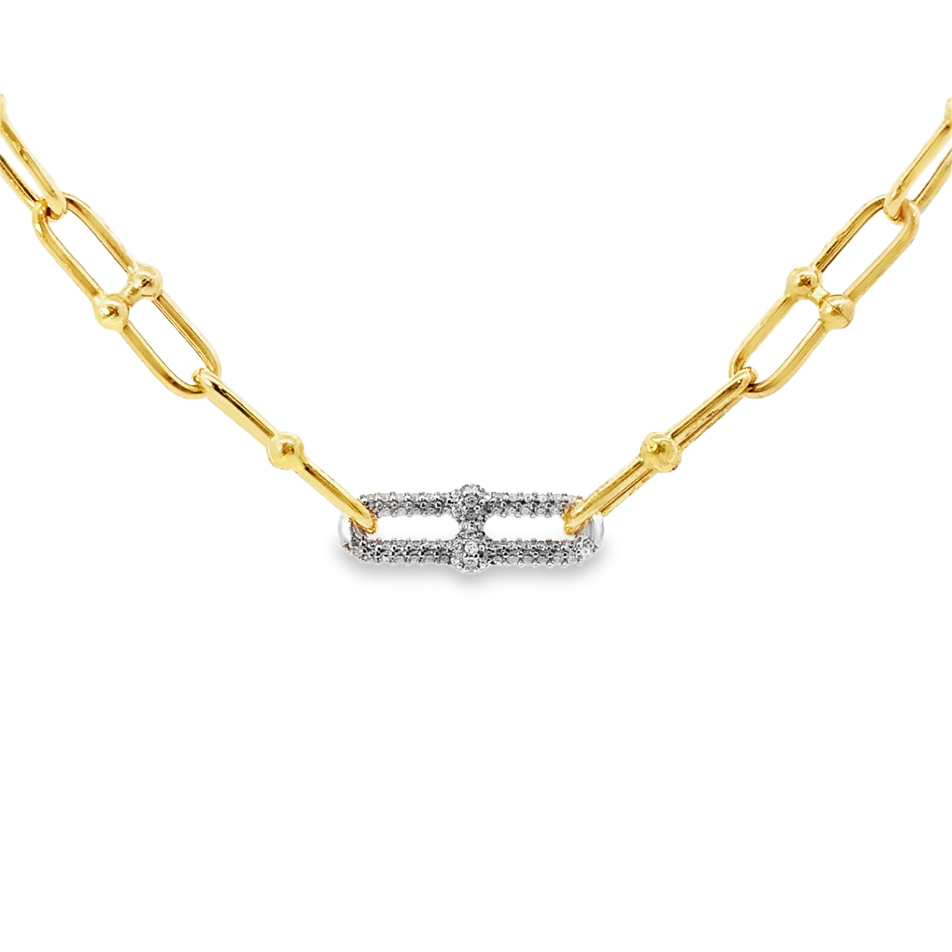 Estate Collection: 18K Yellow Gold Hollow Bar and Ball Paperclip Link Pavé Accented Stones 16" Necklace