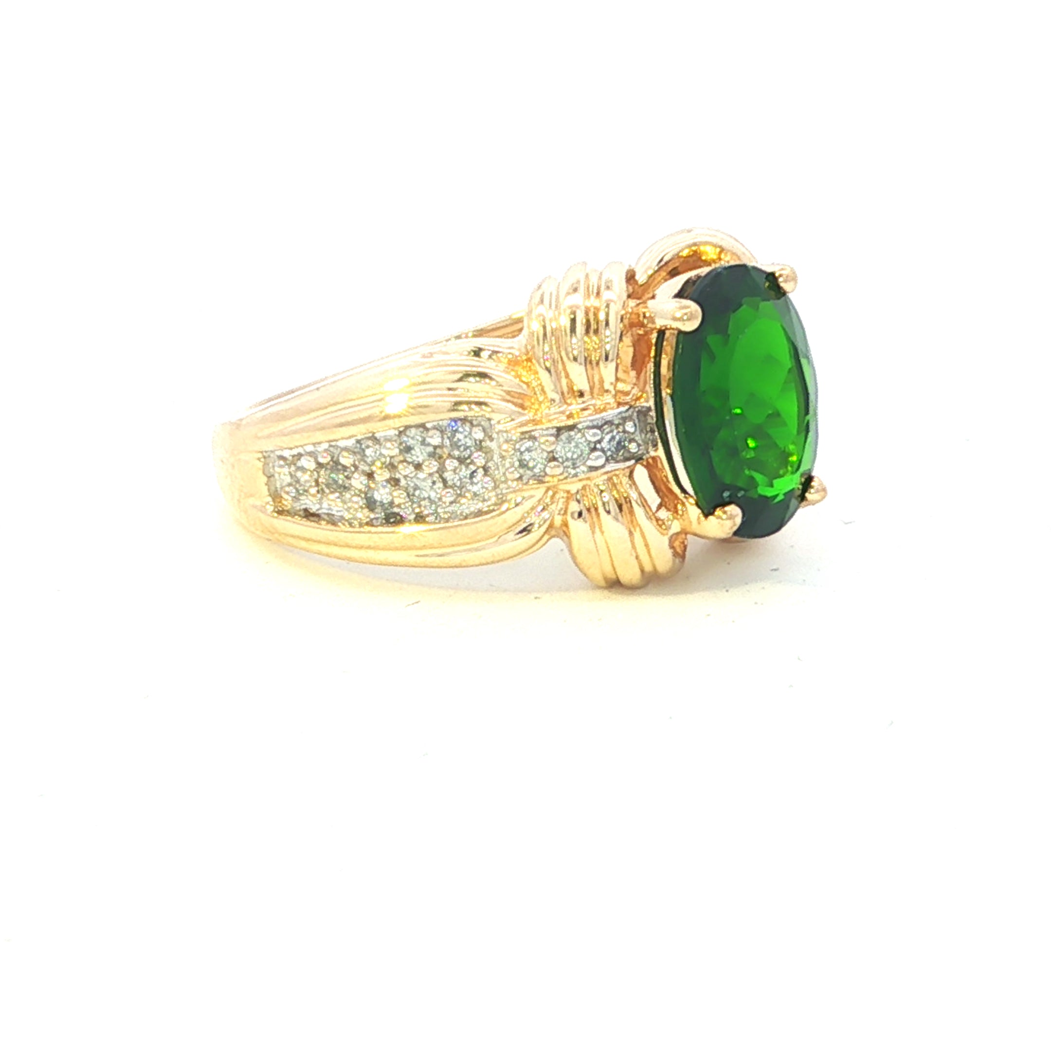 Estate Collection: 14K Yellow Gold Oval Chrome Diopside and Natural Diamond Cocktail Ring