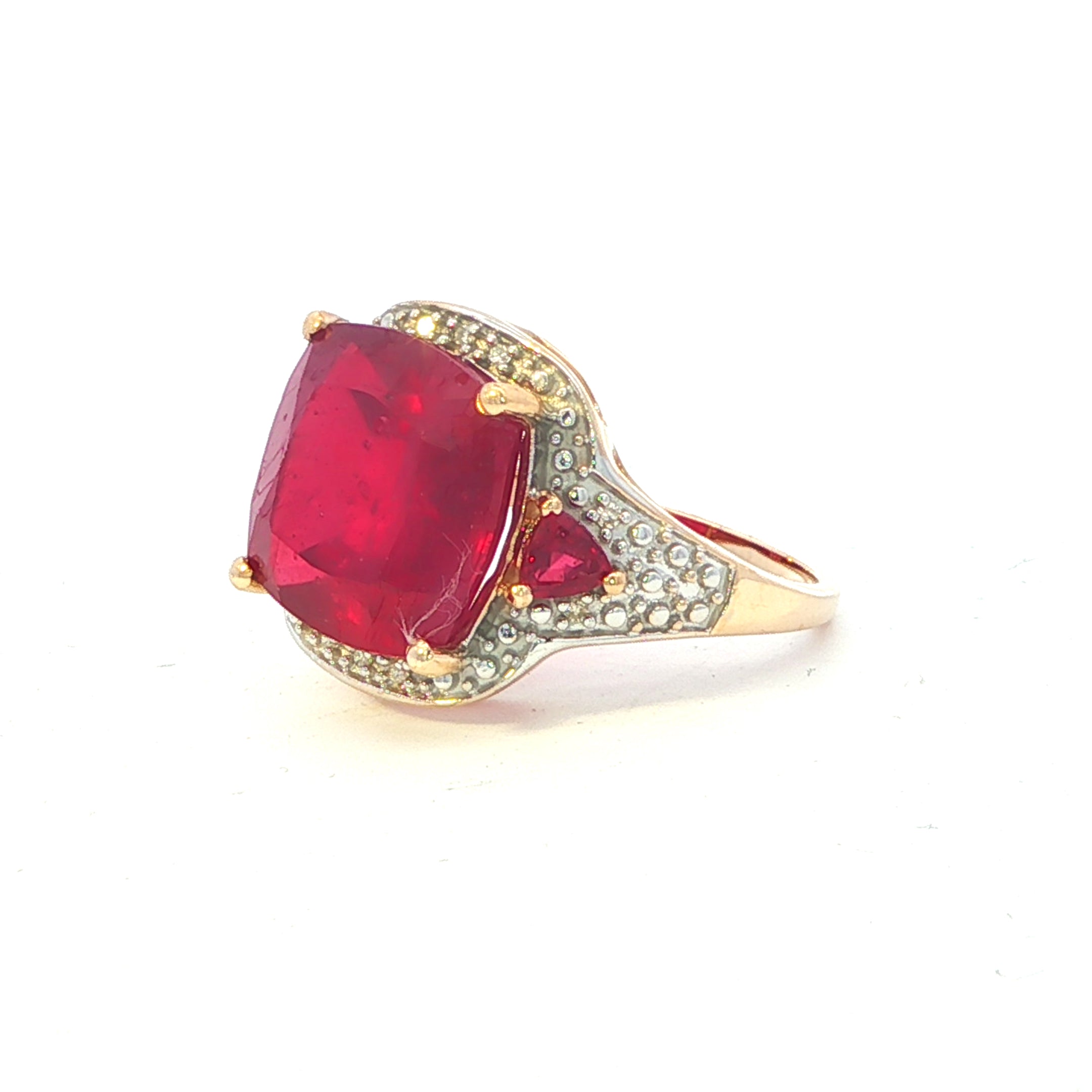 Estate Collection: 10K Yellow Gold Cushion-Cut Glass-Filled Ruby With Pear & Diamond Accents Cocktail Ring