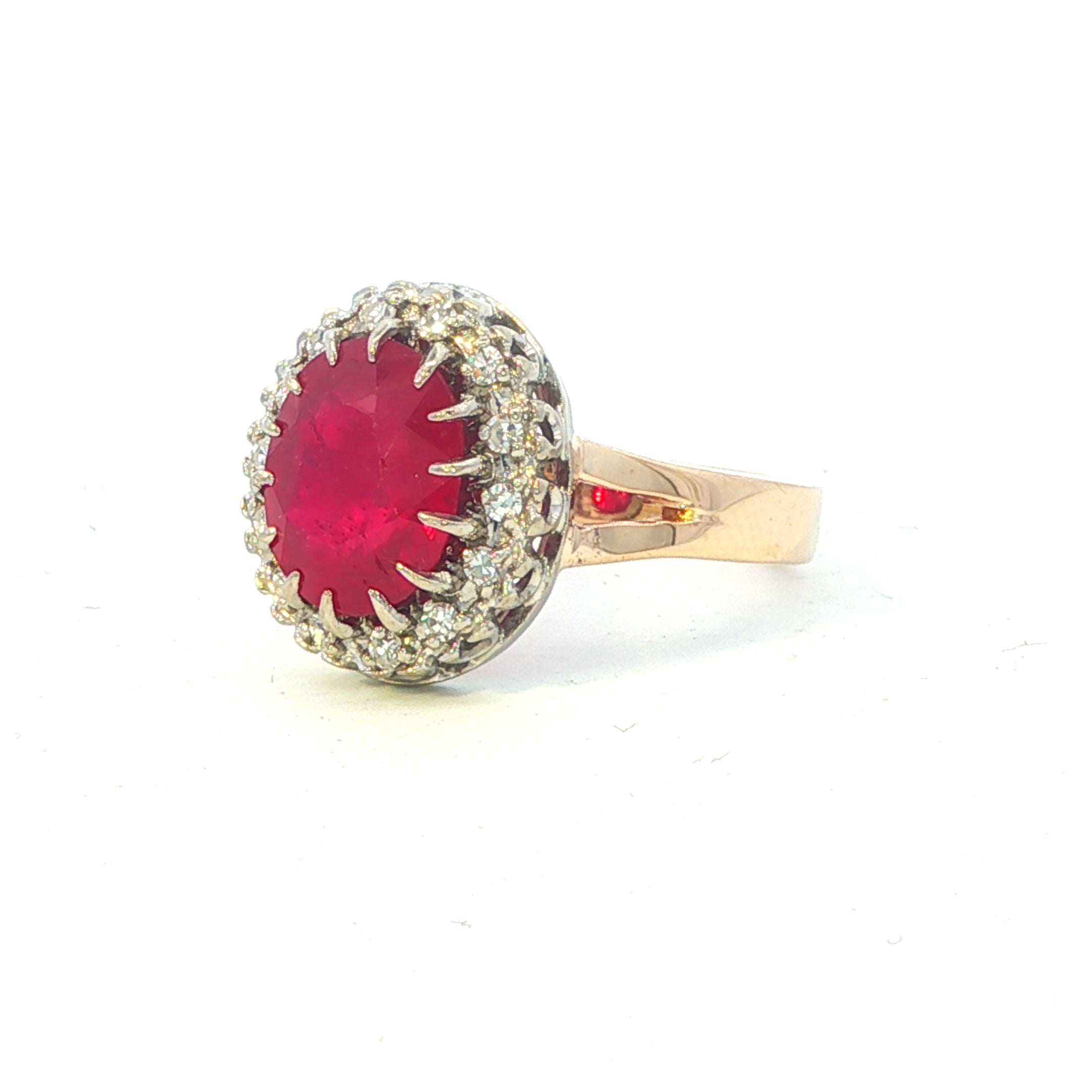 Estate Collection: 14K Yellow Gold Oval Glass-Filled Ruby With Natural Diamond Halo Fashion Ring