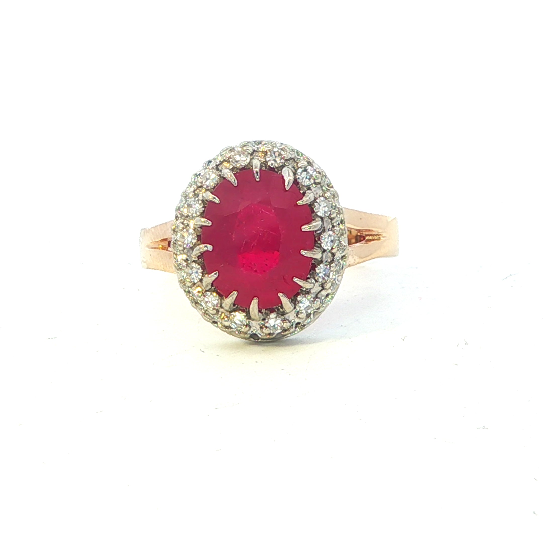 Estate Collection: 14K Yellow Gold Oval Glass-Filled Ruby With Natural Diamond Halo Fashion Ring