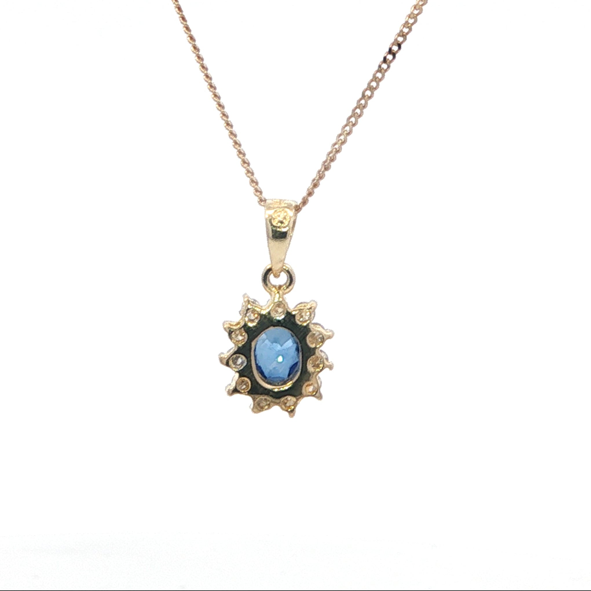 Estate Collection: 14K Yellow Gold 0.42CTW. Natural Diamond and Sapphire Halo Pendant Necklace